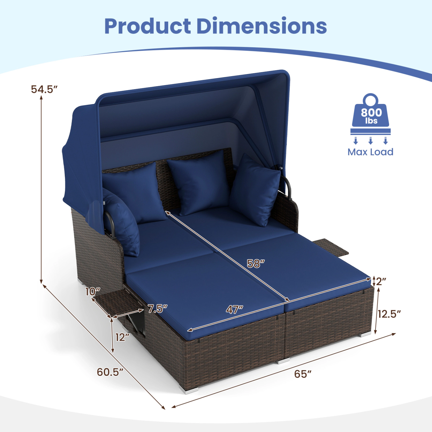 LJG Outdoor Patio Rattan Daybed with Retractable Canopy and Side Tables