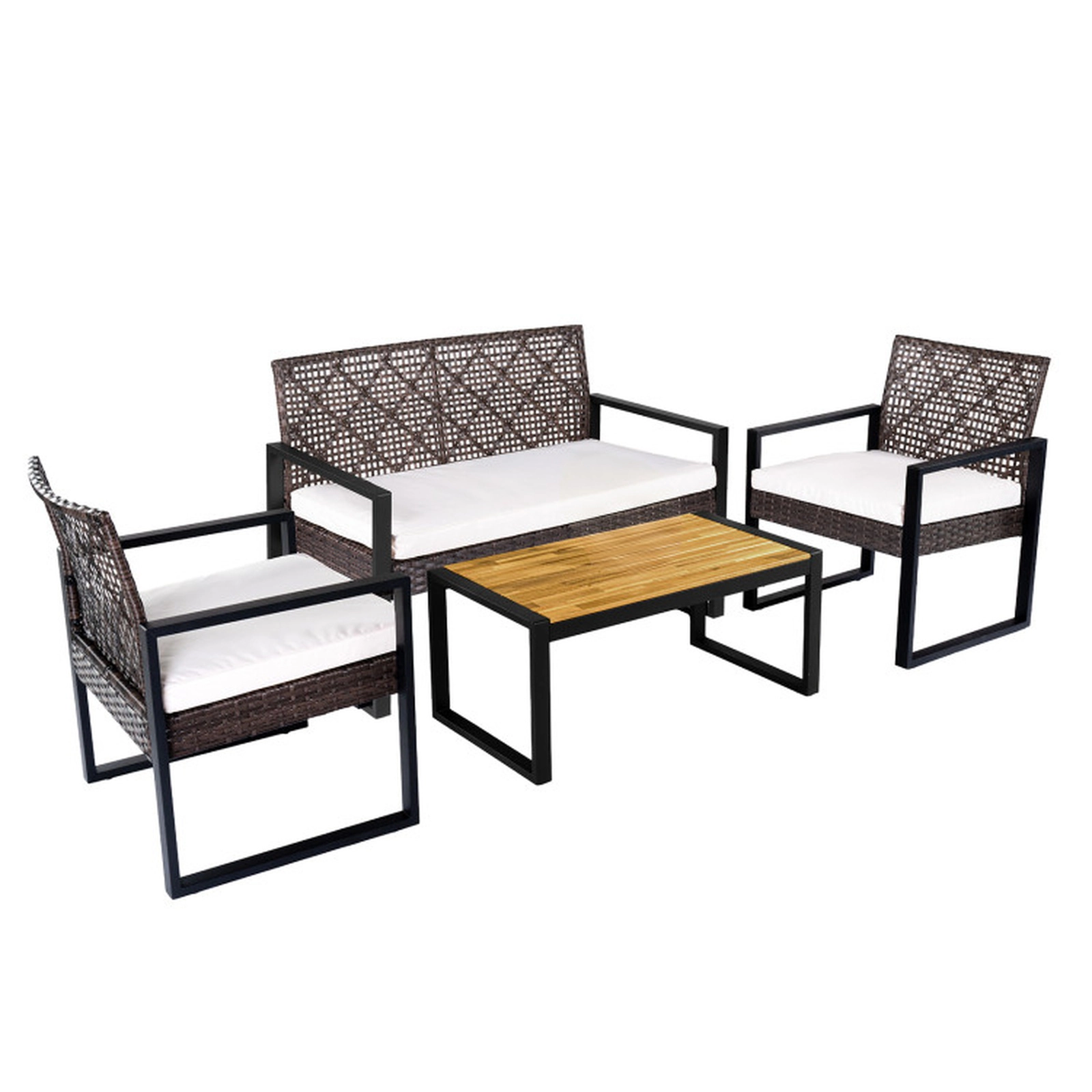 SUGIFT Brown and Black Acacia Wood Coffee Table and Cushions 4-Piece Patio Wicker Sofa Set