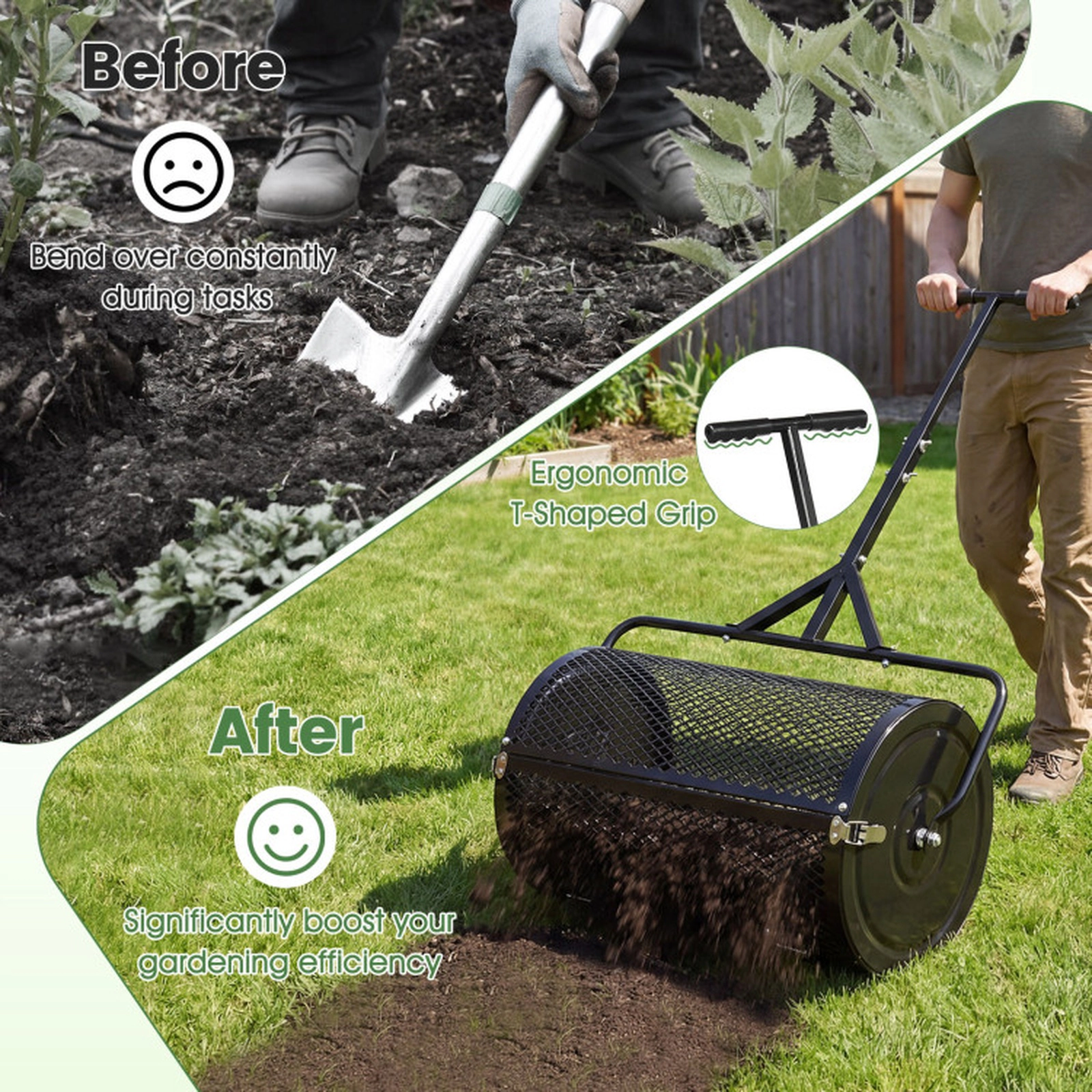 SUGIFT 2.7 Cu.ft Compost Spreader Peat Moss Spreader Roller with Height-Adjustable T-Shaped Handle Black/Green/Orange