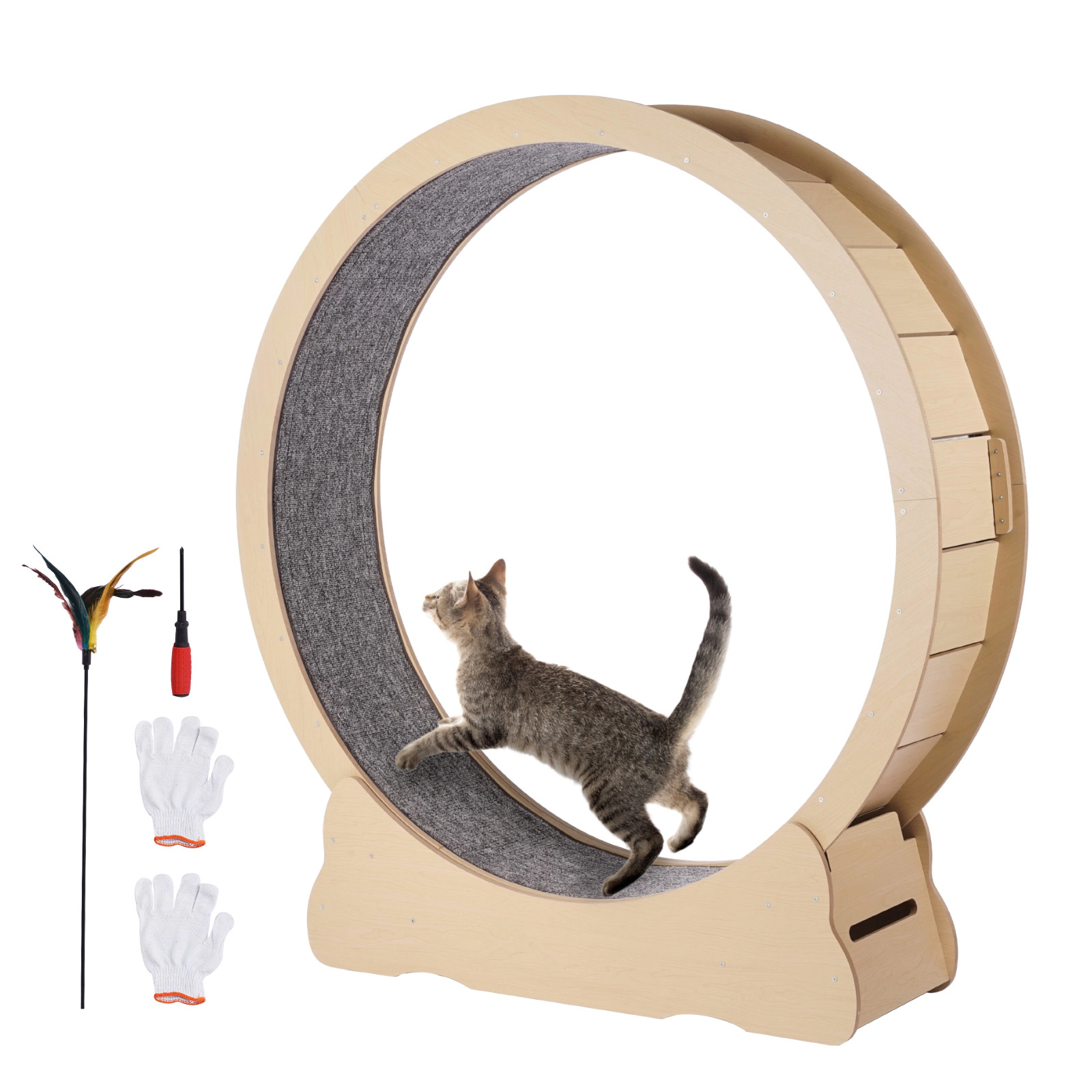HONGGE Wooden Cat Exercise Wheel Large Cat Treadmill Wheel for Indoor Cats Cat Running Wheel with Detachable Carpet &