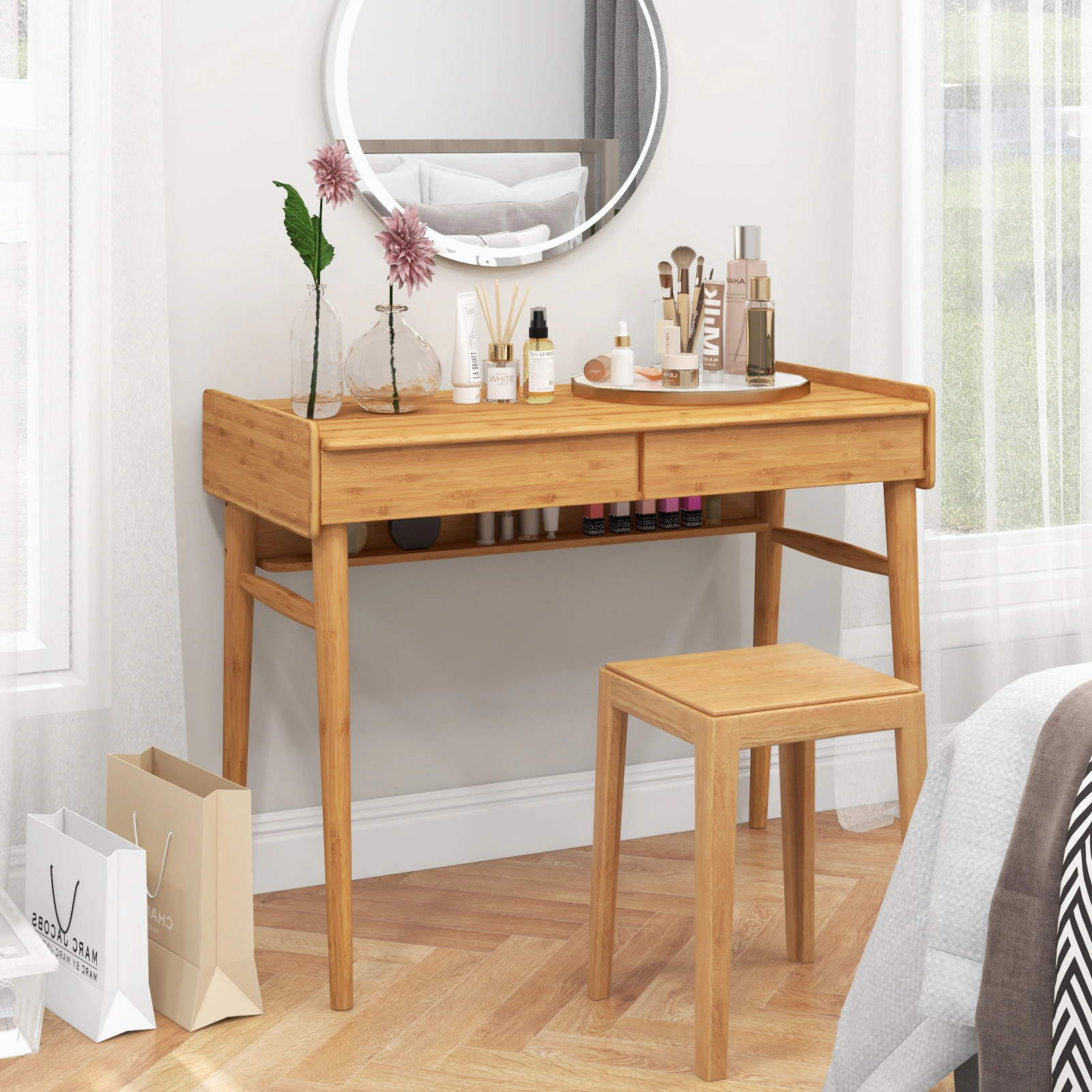 SUGIFT 39.5-in Natural Bamboo Writing Desk with 2 Drawers, Shelf and Cable Management