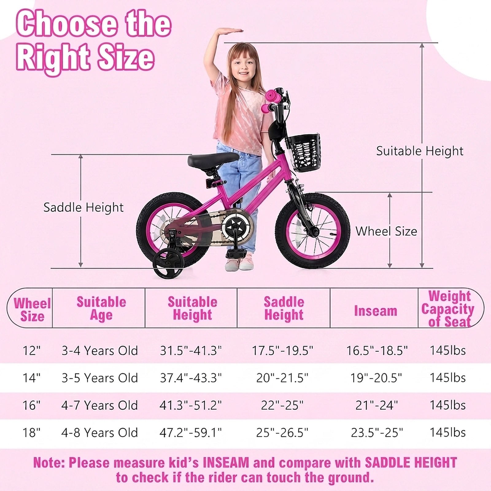 12-in Kids Bike Front Basket Quick-Release Adjustable Seat and Removable Training Wheels Ages 3-4 Dual Brakes Pink