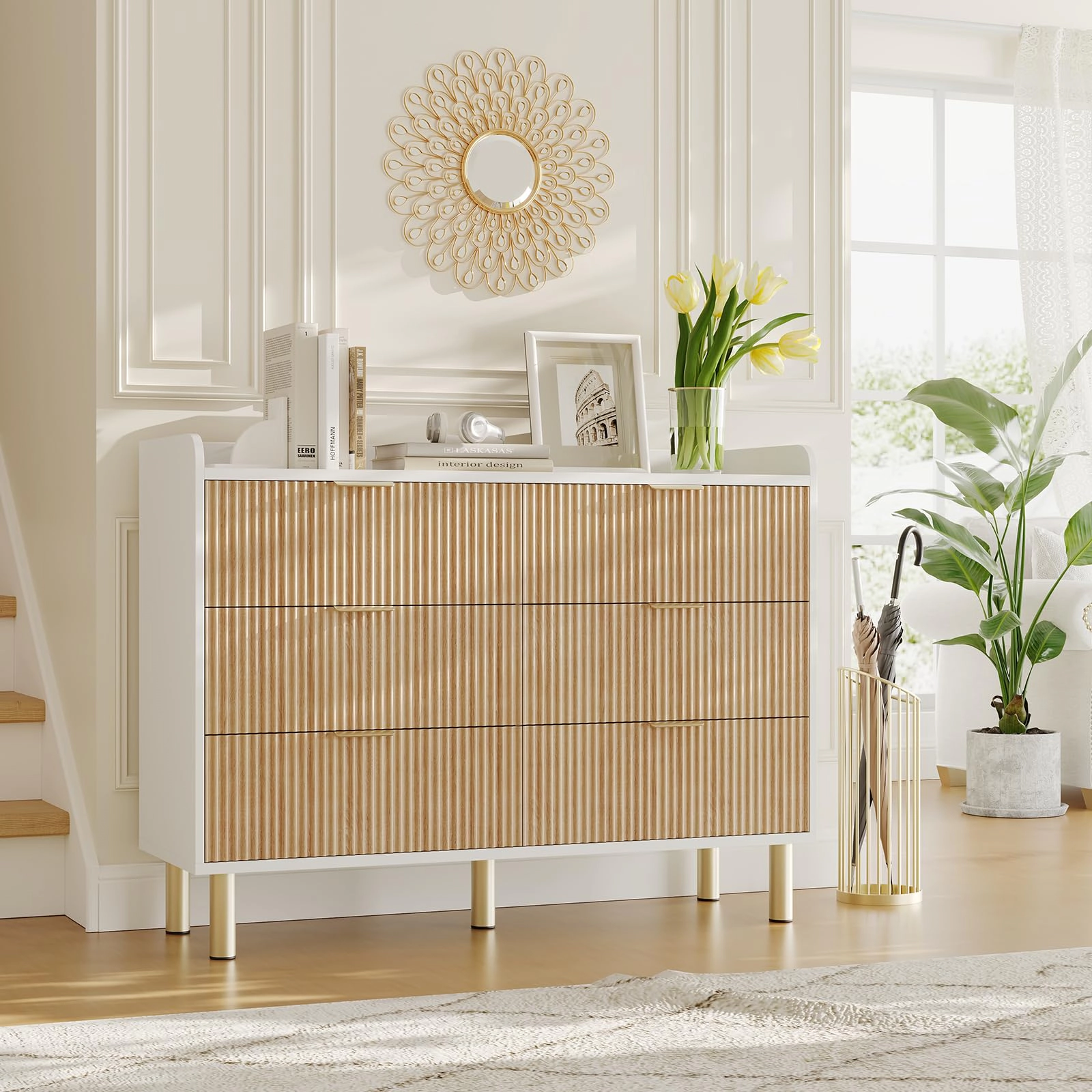 6 Drawer Fluted Wood Dresser, 47.2" Wide Storage Cabinet with Metal Handles for Bedroom