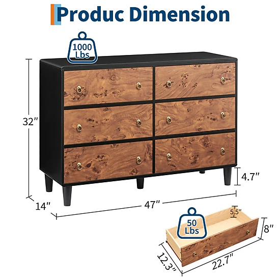 BebreezChic 6 Drawer Wide Dresser 47"L ×14"W ×32"H Bedroom Storage Chest, Burl Wood & Black Finish