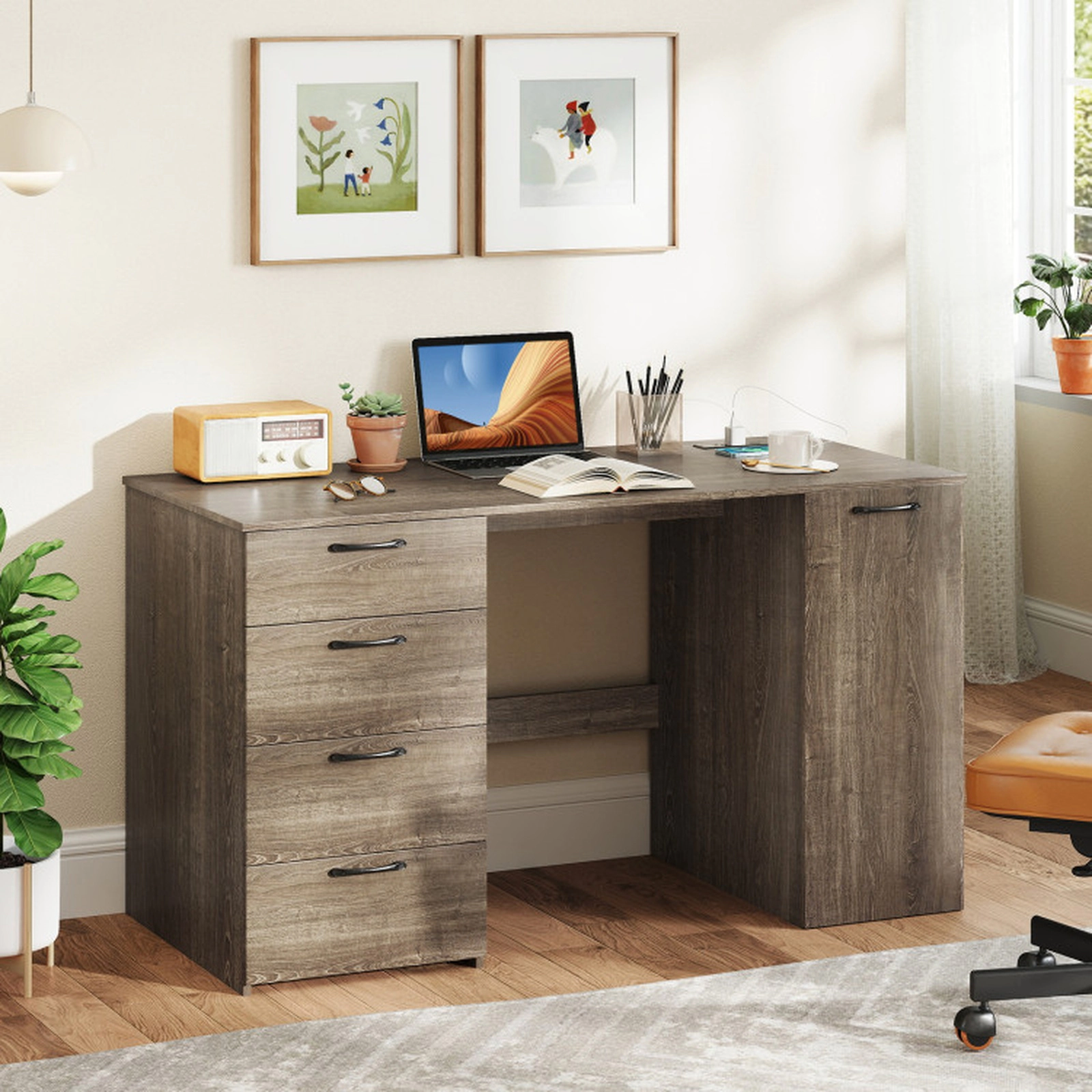 SUGIFT Gray Power Outlets 4 Storage Drawers and Adjustable Shelf 53 Inch Computer Desk