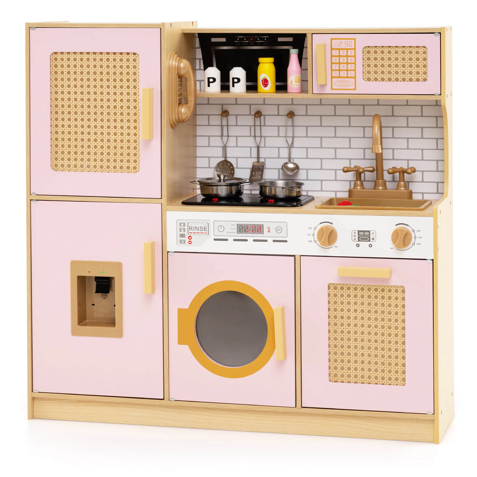 Costway Wooden Kids Kitchen Playset Pretend Play with Real Sounds Lights Yellow
