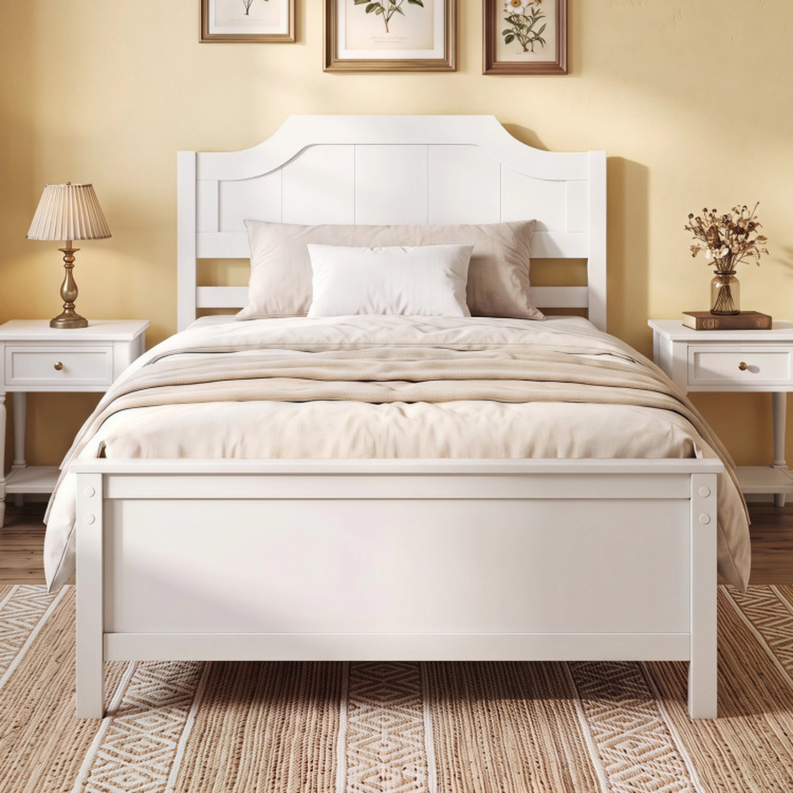 SUGIFT Twin Size Solid Pine Wood Panel Headboard Platform Bed Frame 79.5-in x 43-in x 39-in 350-lb Capacity White