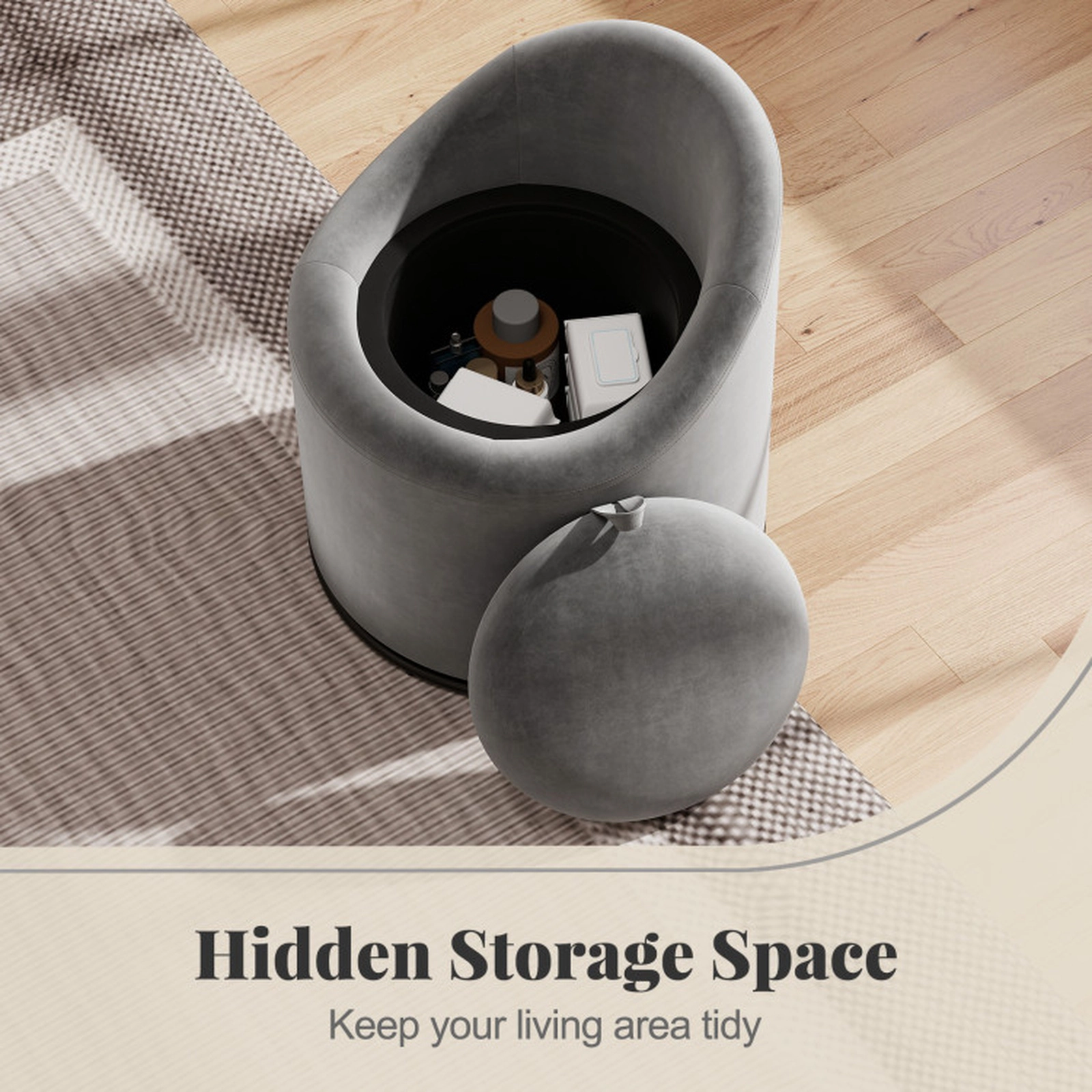 SUGIFT Gray Hidden Under-Seat Storage and 360-Degree Swivel Base Velvet Barrel Chair