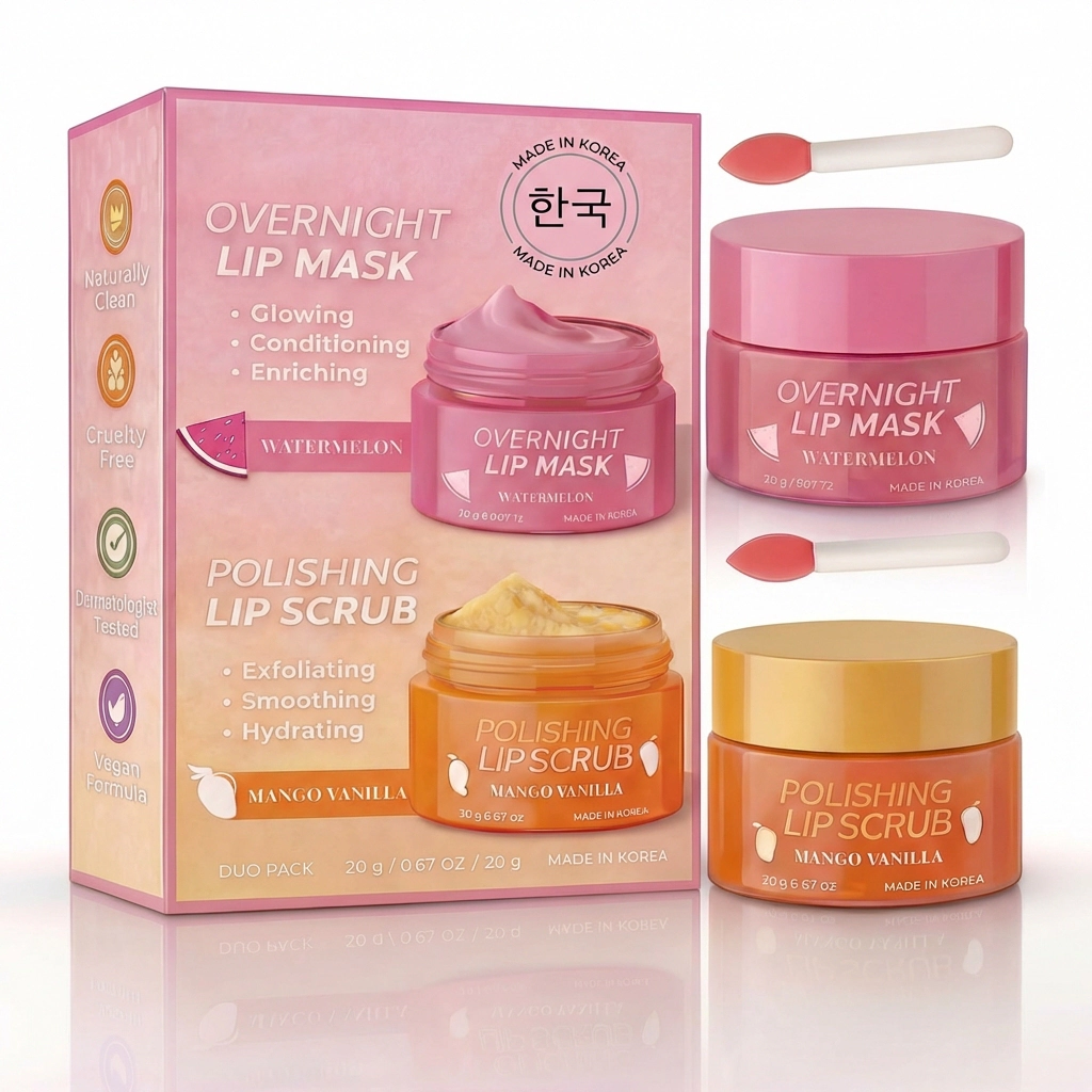 Lovery Korean Skincare Lip Care Duo Set - Mango Vanilla Exfoliating Lip Scrub & Watermelon Overnight Lip Mask