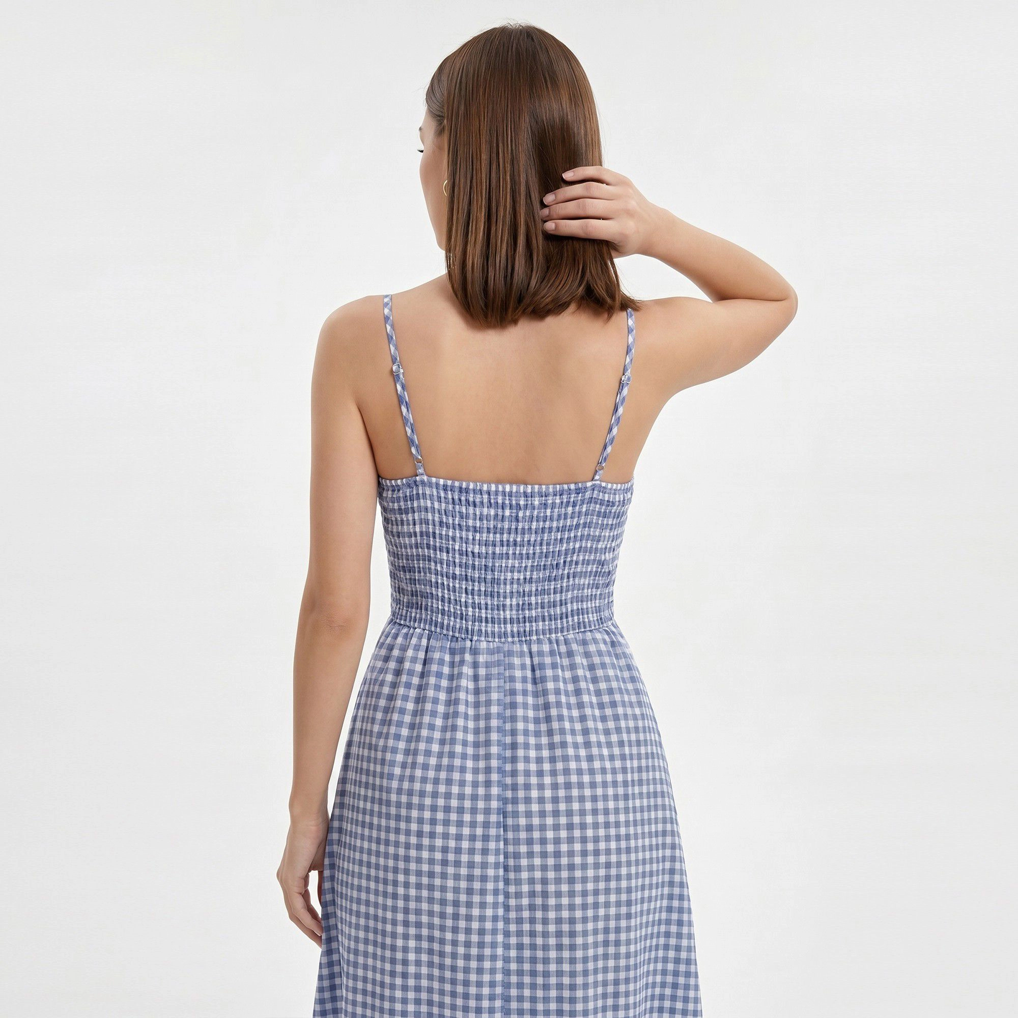 Anna-Kaci Women's Gingham Twist Front Bodice Spaghetti Straps Midi Dress