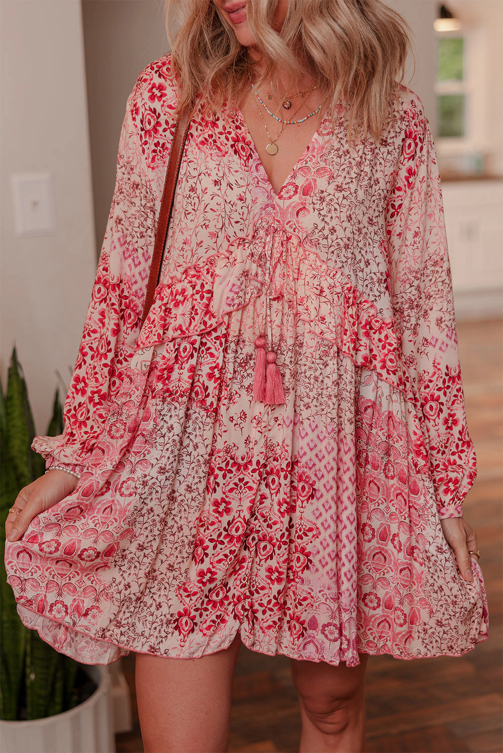 Threaded Pear Women's Melody Floral Tassel Tie Long Sleeve Mini Dress