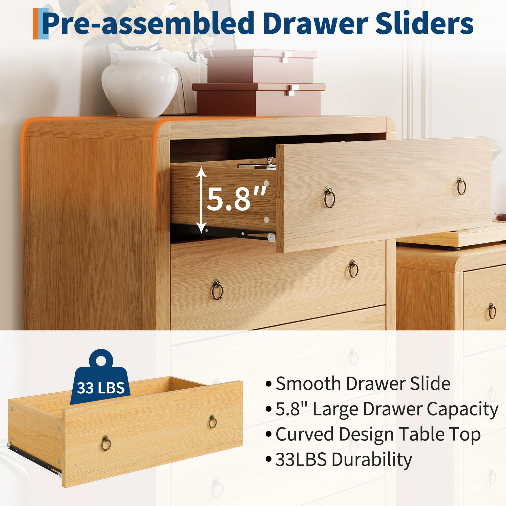 5 Drawer Dresser for Bedroom, 47" Tall Storage Cabinet, Nightstand with Large Clothes Organizer