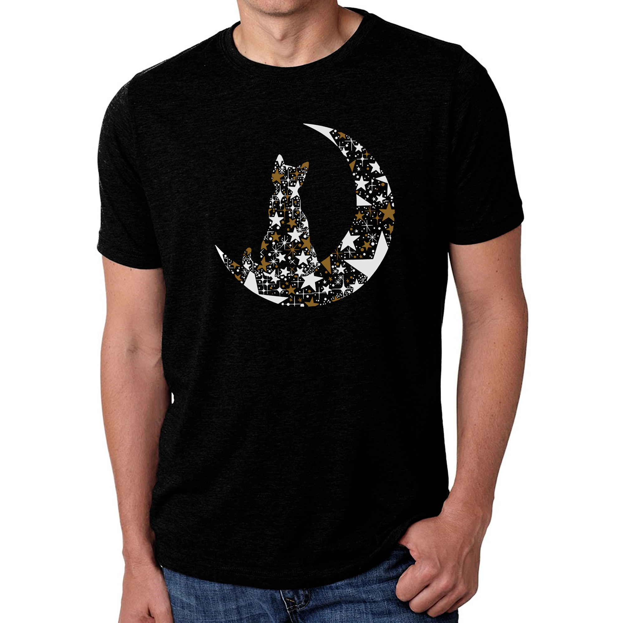 LA Pop Art Men's Cotton-Poly Blend T-Shirt - Cat on Moon Graphic