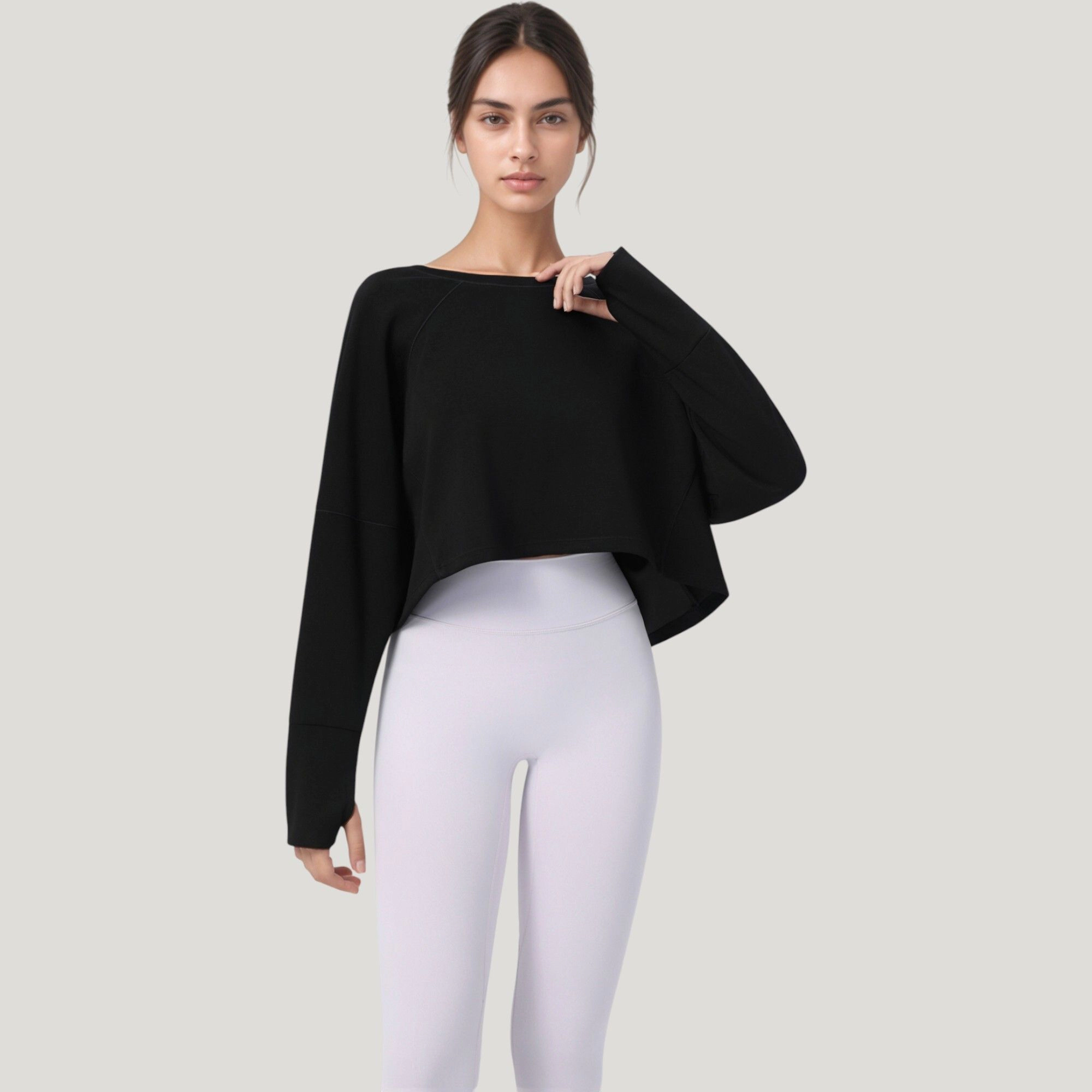 Anna-Kaci Women's Cropped Long Sleeve Active Top with Relaxed Fit and Crew Neck Design