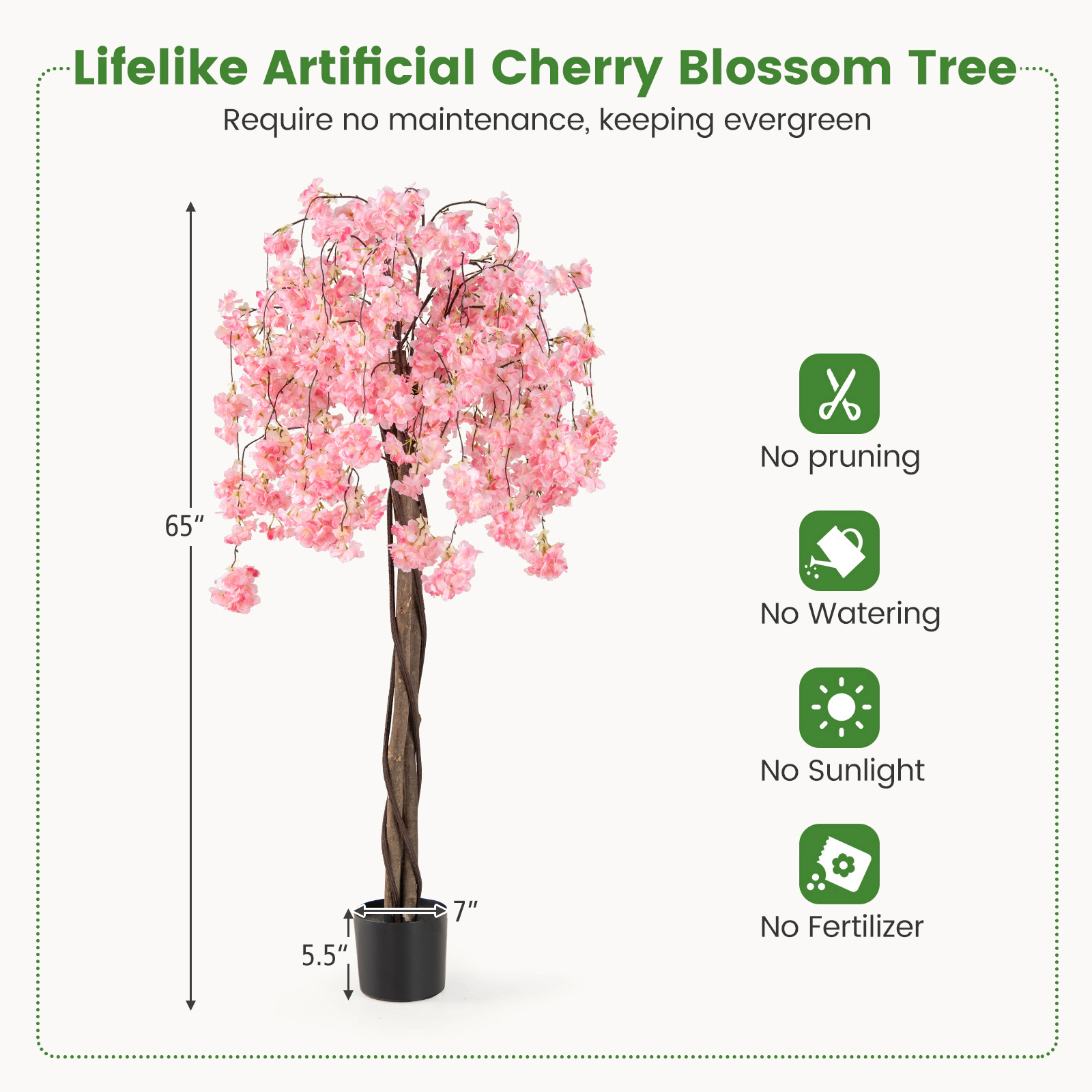 SUGIFT Set of 2 5.5-ft Cascading Branches Wood Trunks Artificial Cherry Blossom Trees 7-in x 5.5-in Pot 20-lb Pink