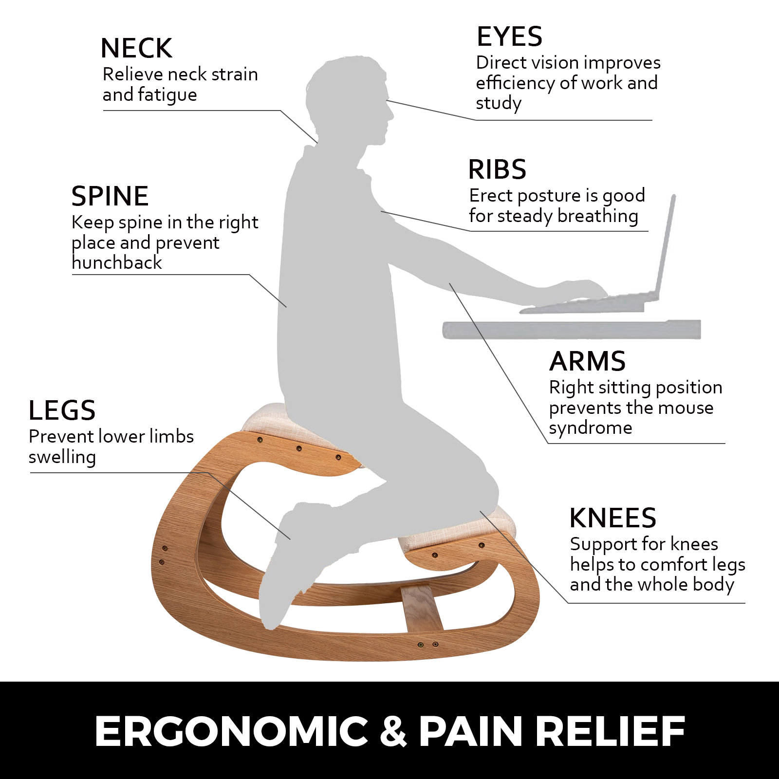 HONGGE Ergonomic Kneeling Chair for Posture Correction, Birch Wood Frame, 220 lbs Capacity, Home Office
