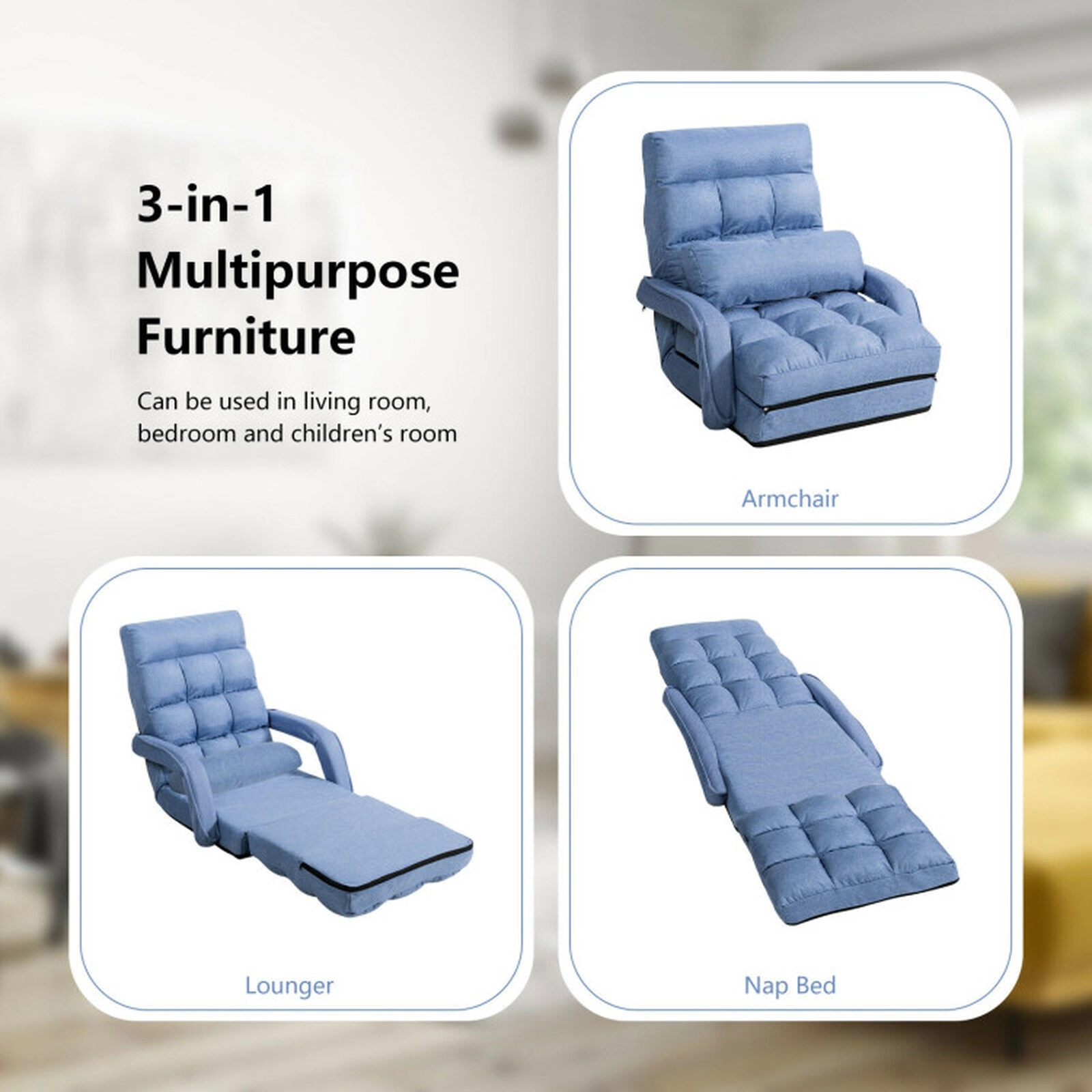 SUGIFT 6-Position Adjustable Blue Folding Floor Chair Sofa with Armrests Lumbar Pillow and Removable Cushion