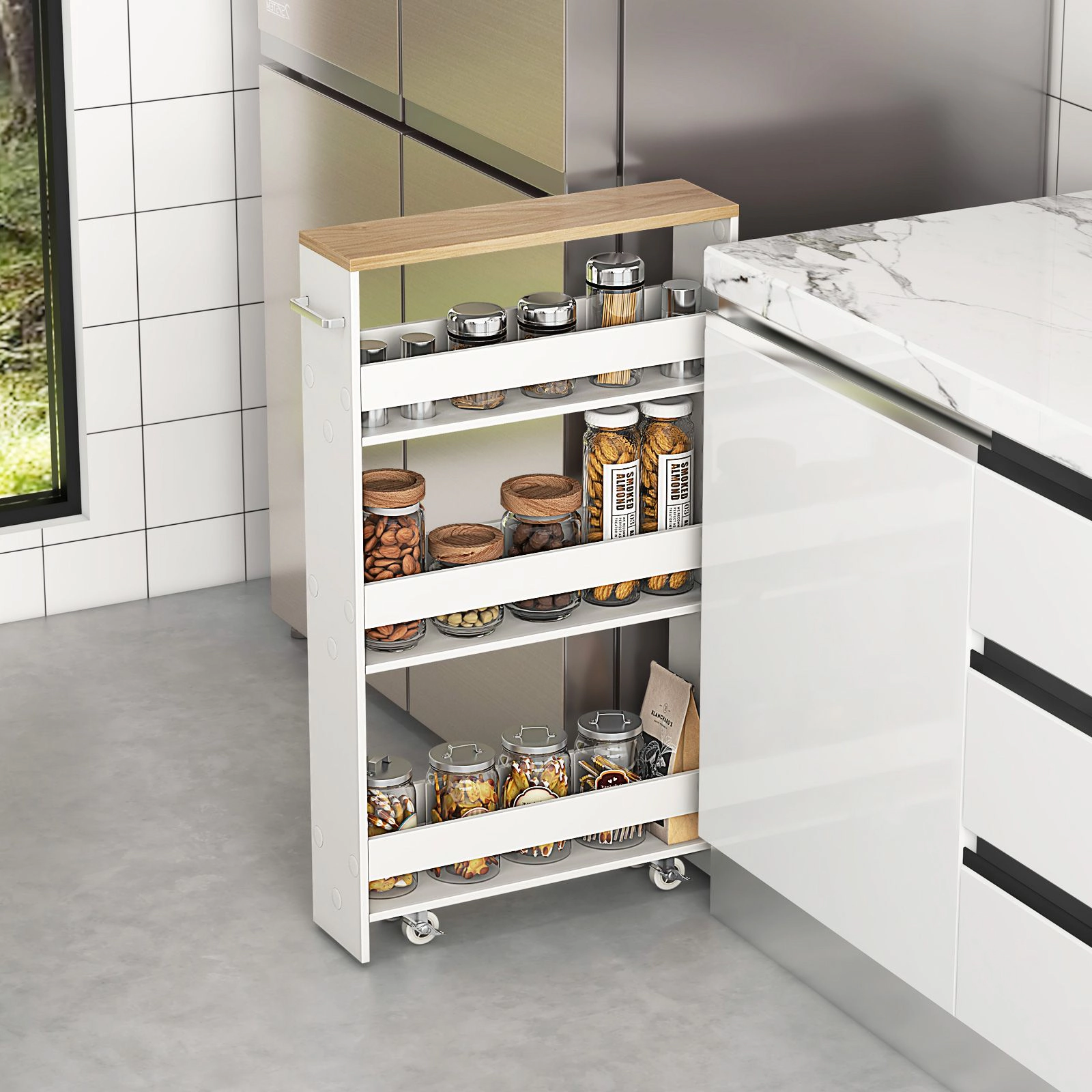 Slickblue 4-Tier Slim Rolling Storage Cart for Kitchen, White