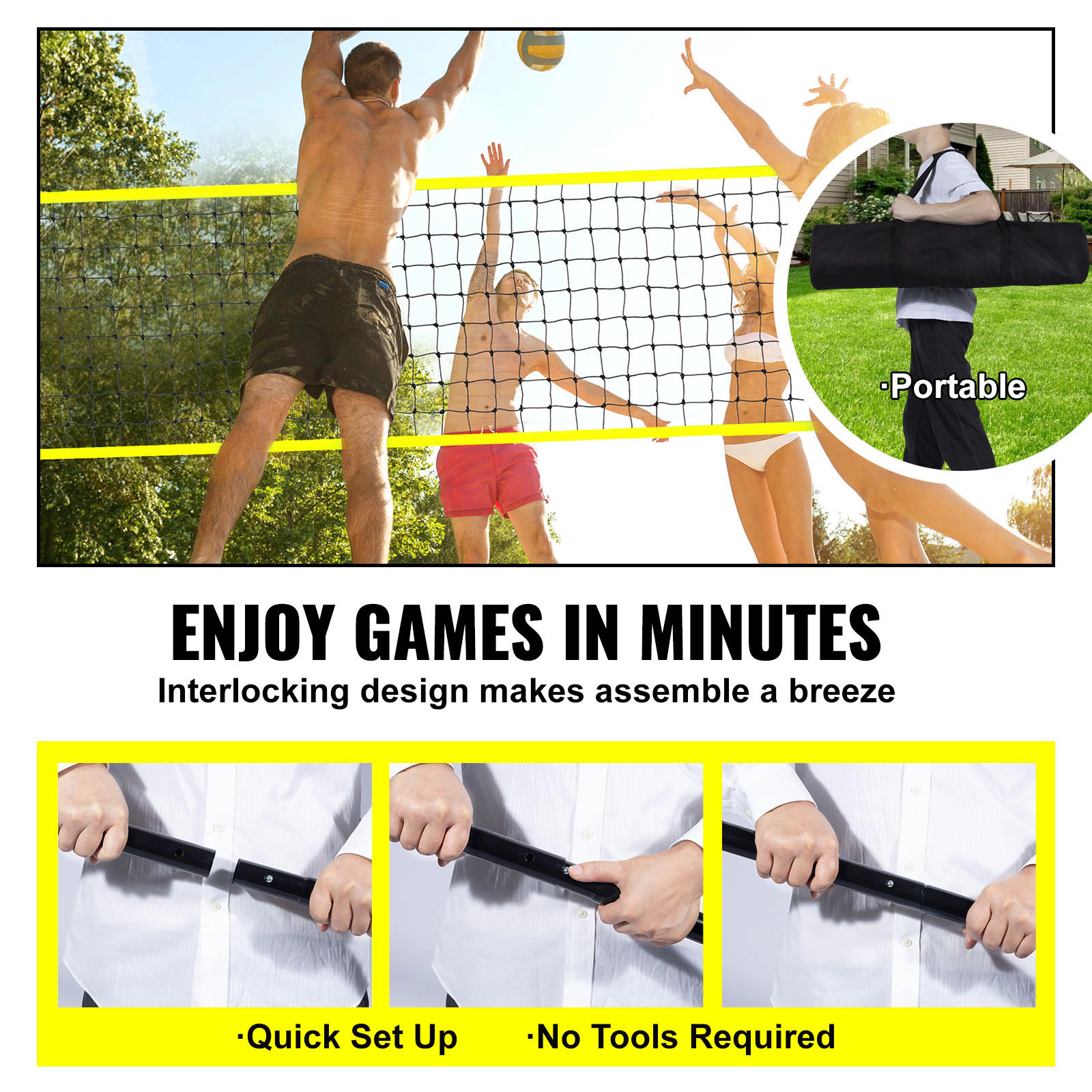 HONGGE Portable Outdoor Volleyball Net Set, Adjustable 7.4-8 ft Official Height, Steel Poles, Ball, Pump & Bag