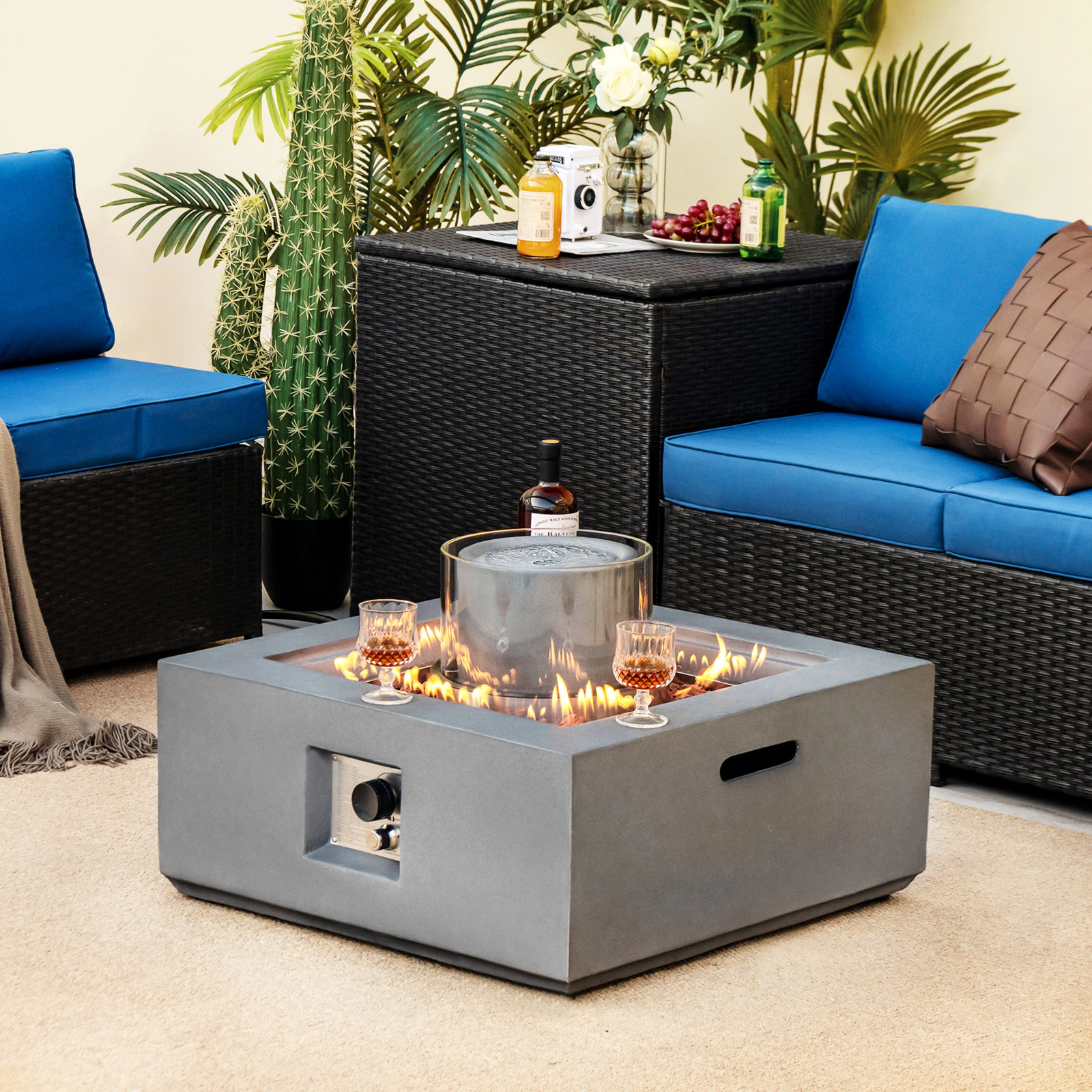 SUGIFT 28-In Square 50,000 BTU Gray Propane Fire Pit Table with Fountain