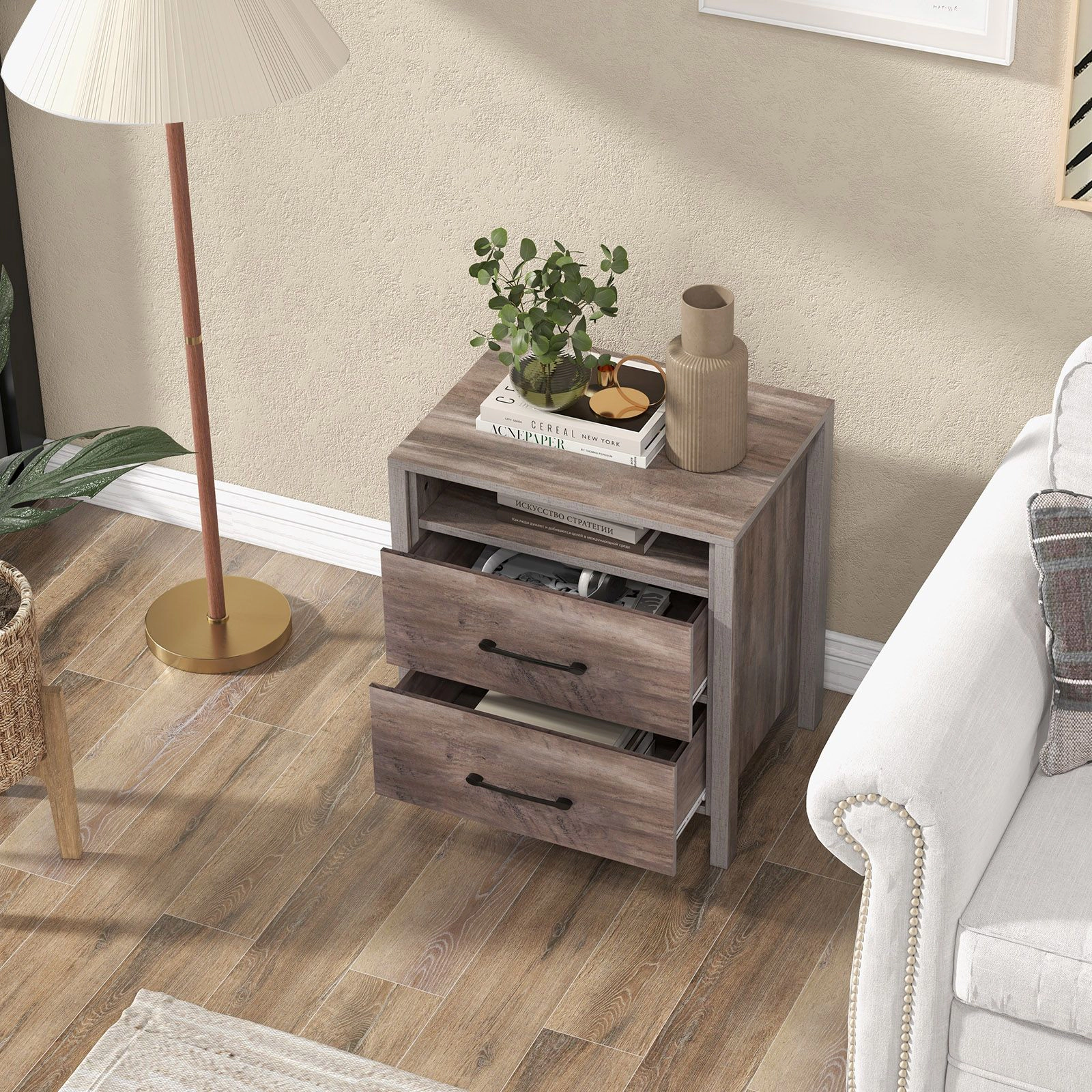 SlickBlue Farmhouse Nightstand with Two Drawers and Open Shelf