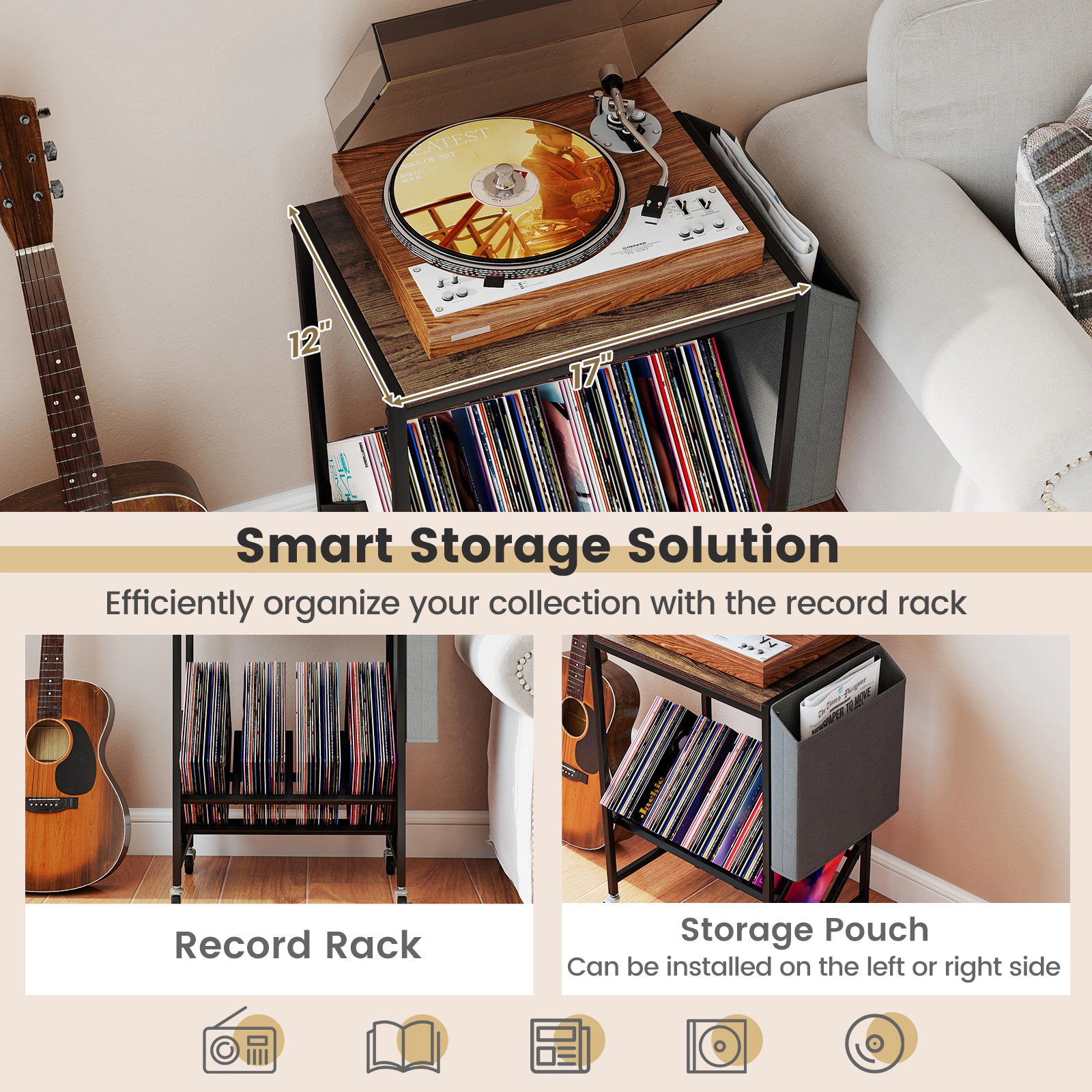 SUGIFT Rolling Record Player Stand 2-Tier Accent Table Vinyl Storage & Magazine Holder 55-lb Tabletop Capacity Rustic