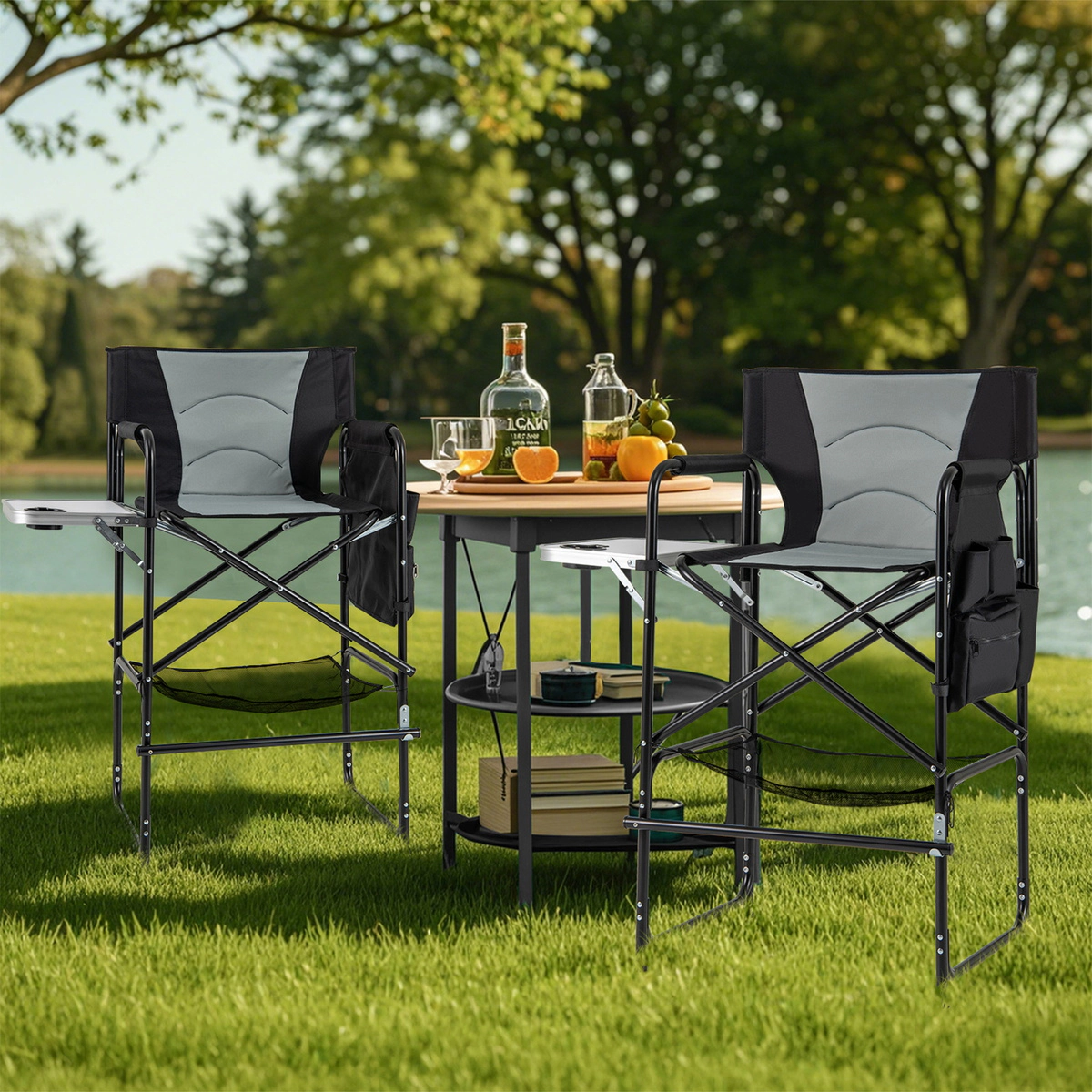 SUGIFT Gray 46-in Tall Folding Directors Chair with Side Table and Footrest 25.5-in W 21-in D 330-lb Seat Capacity