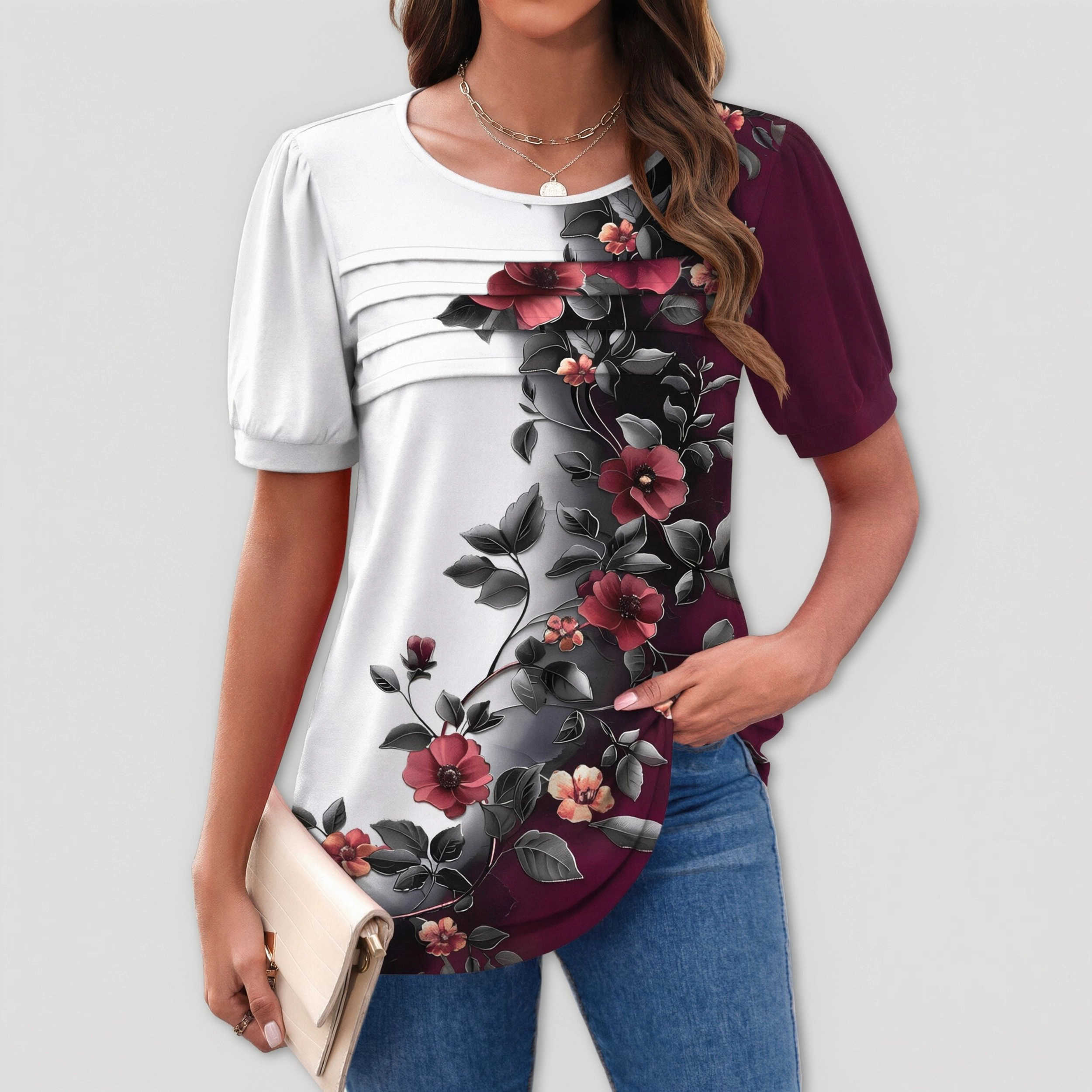 Zeagoo Women Puff Sleeve Crew Neck Tunic Blouse