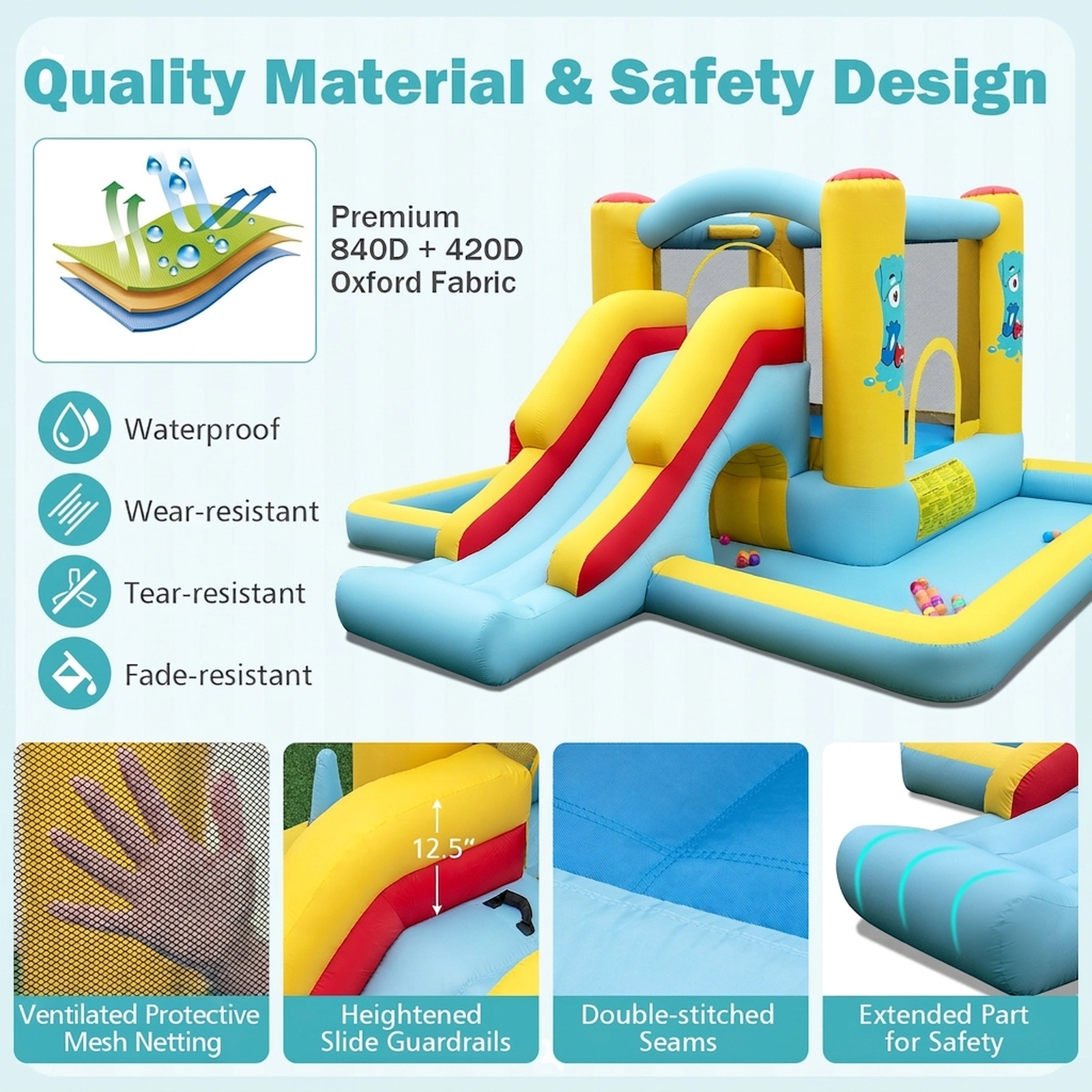 7-in-1 Inflatable Bounce House Bouncy Castle with Slide Crawl Tunnel Ball Pit 50 Ocean Balls and 550W Blower