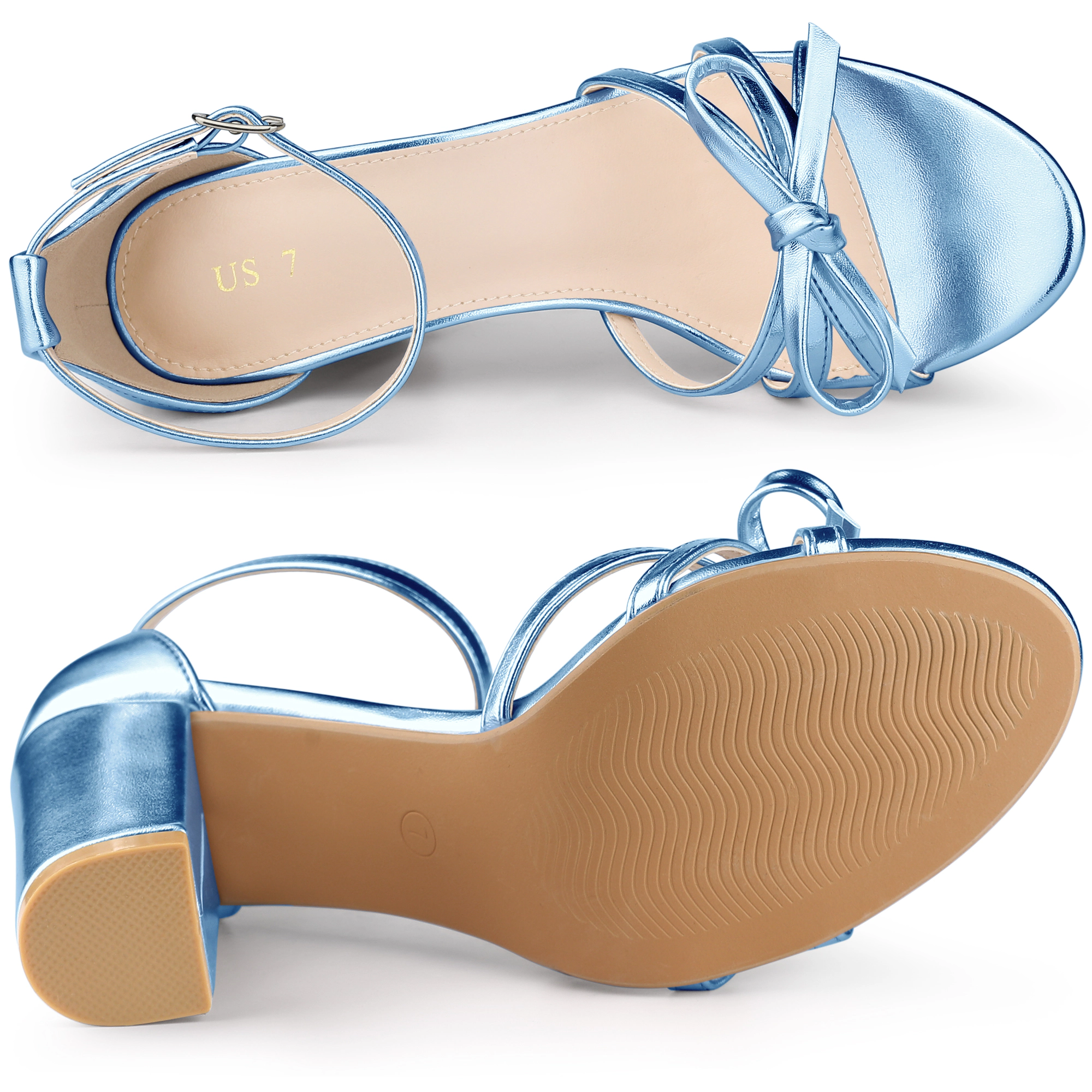 BLISSFUL STEP Women's Bow Decor Open Toe Ankle Strap Chunky Heel Dress Sandals