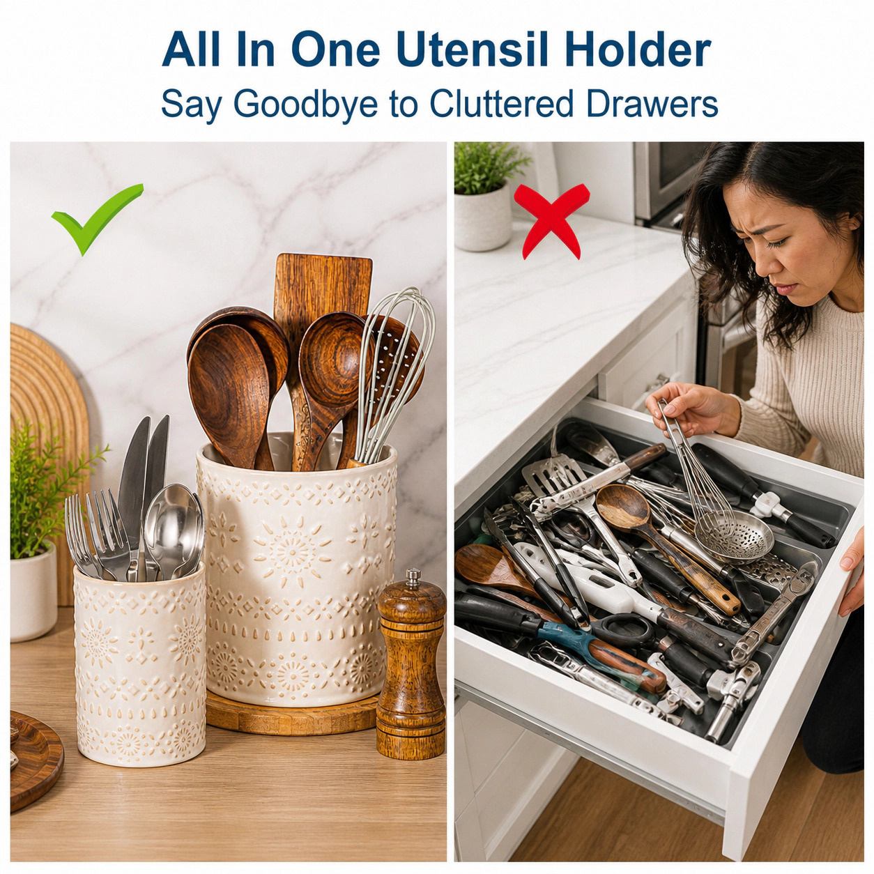 WZK Set of 2 Ceramic Farmhouse Kitchen Utensil Holders