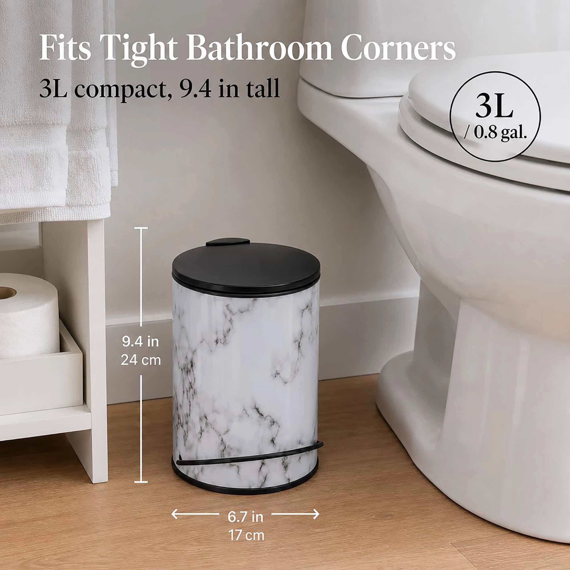 Evideco French Home Goods Carrara Noir Marble-Look 3 L Metal Pedal Trash Can