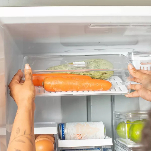 OU Fridge Organizer Bin w/ Vented Lid, Clear Stackable Refrigerator Storage Container w/ Drain Tray, 11.8 Inch Depth