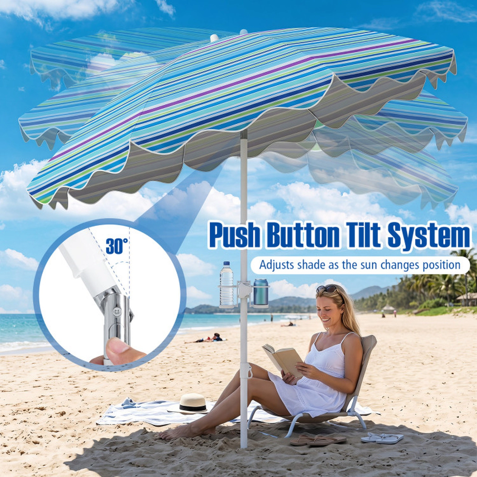 SUGIFT UPF 50+ 6.5-ft Beach Umbrella with Sand Anchor, Tilt Function, Cup Holders and Carrying Bag 4-Piece Set Blue