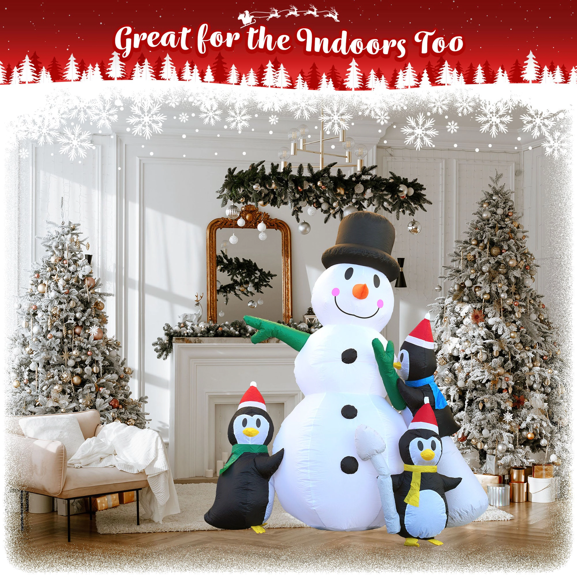 G128 8 ft Snowman with Three Penguins Inflatable, LED Lights, Weather-Resistant Outdoor Decor