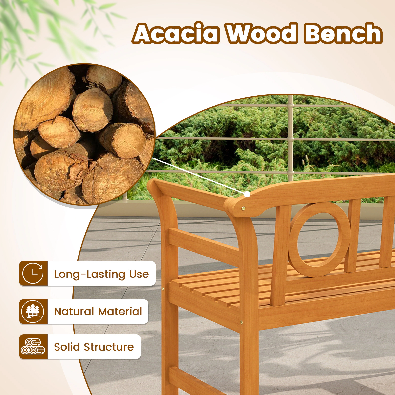 LJG Acacia Wood 2-Person Patio Loveseat with Backrest and Armrests for Backyard