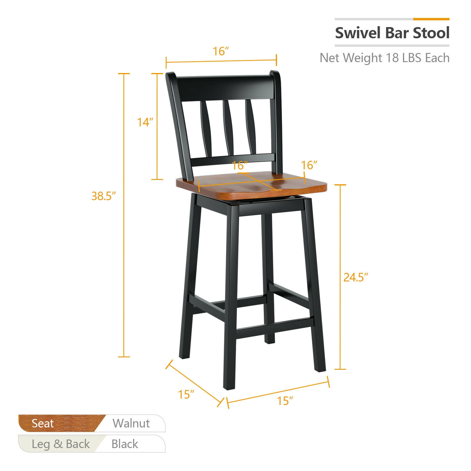 Glintex 2-Piece 24.5-Inch Swivel Counter Stool Set with Hollow Wood Back