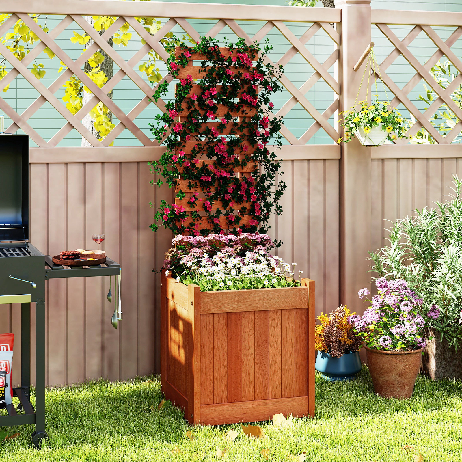 SUGIFT Solid Wood Raised Garden Bed with Trellis 48-in Tall Planter Box Natural