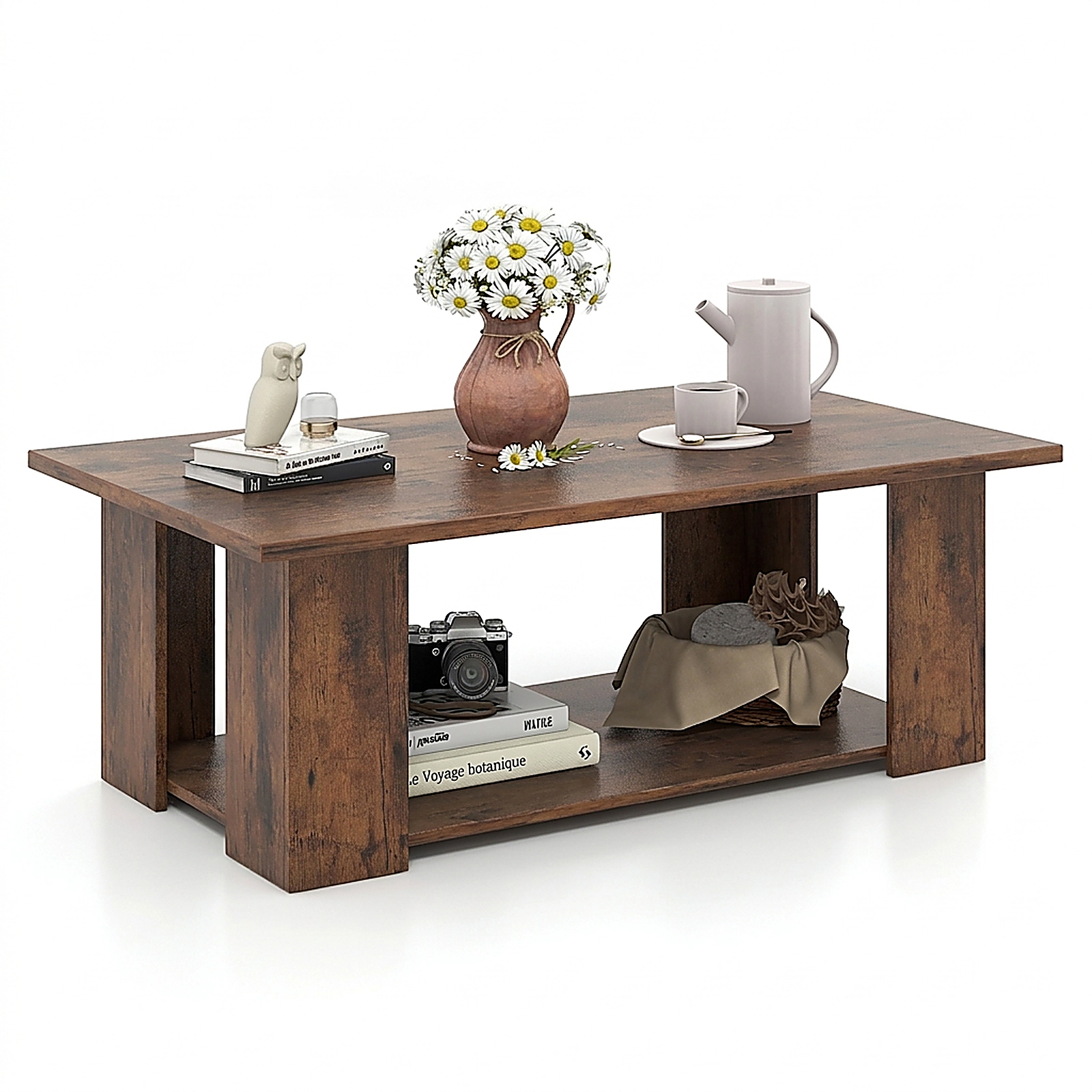 SUGIFT 41-in 210-lb Capacity 2-Tier Wooden Modern Coffee Table with Open Storage Shelf and Support Legs