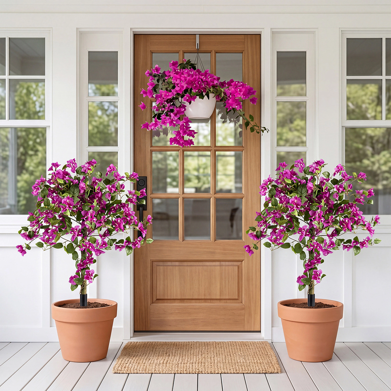 SUGIFT Set of 2 In-Ground PE Trunks Silk Blossoms Artificial Bougainvillea Trees 43.5-in Tall 8-in Spike 3-lb Pink