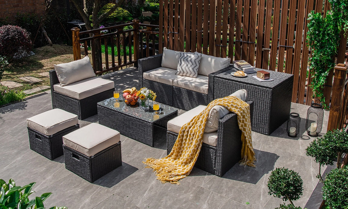 LJG 8 Pieces Patio Rattan Storage Table Furniture Set
