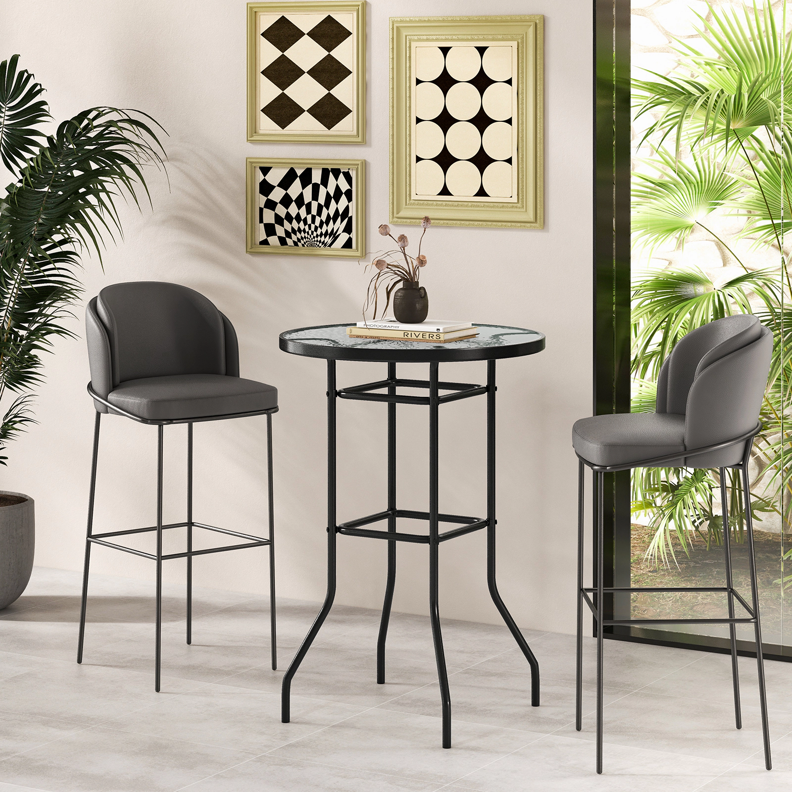 LJG 38 Inch Patio Bar Table with Tempered Glass Tabletop