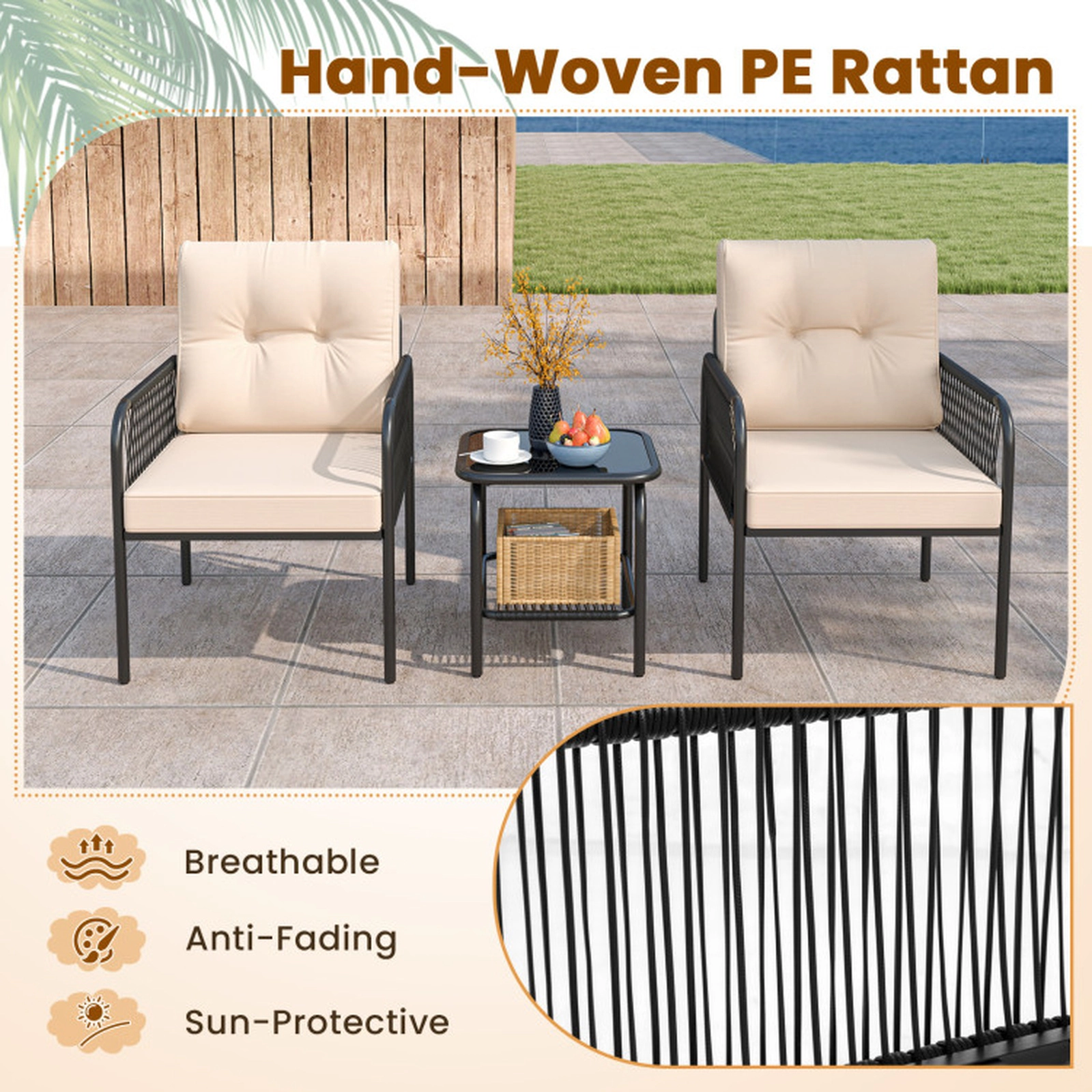 SUGIFT 3-Piece Black PE Rattan Patio Bistro Set with Beige Cushions and 2-Tier Glass Table