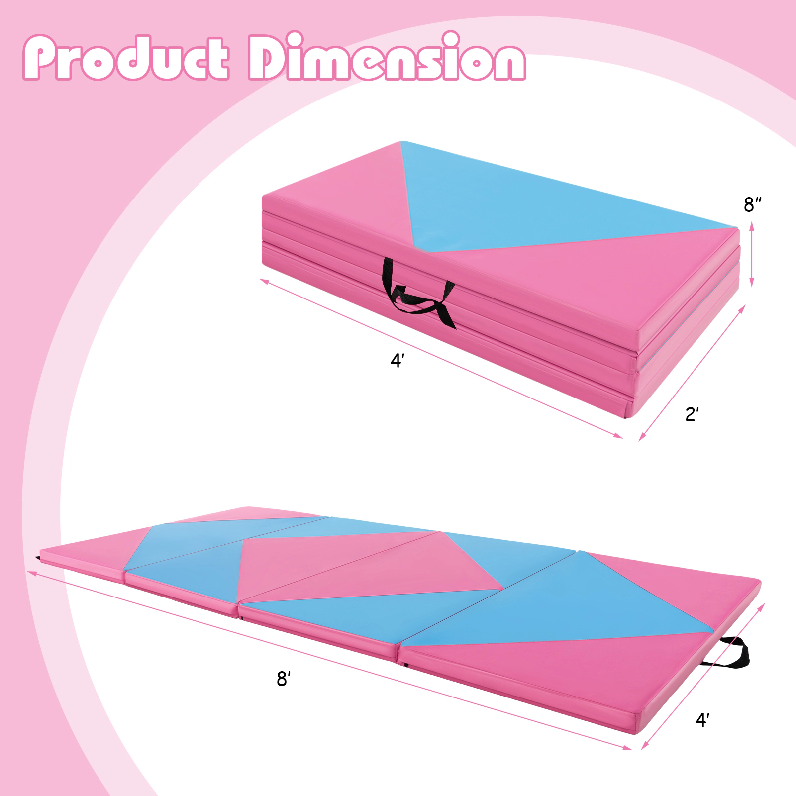 SUGIFT Pink and Blue 4-Panel Folding Gymnastics Exercise Mat with Hook and Loop Fasteners 8-ft W 4-ft D 2-in H
