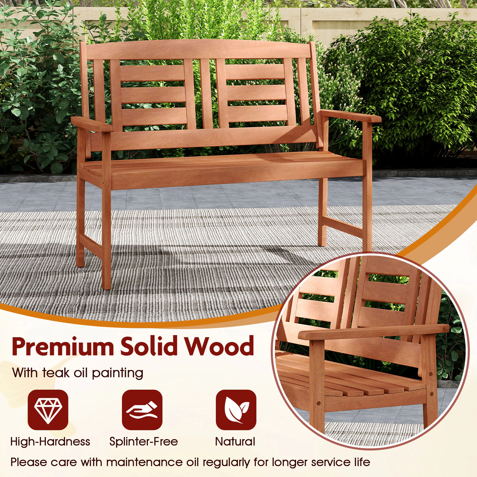 SUGIFT 47.5 in Outdoor Loveseat Teak Finish Hardwood 2-Seat Bench with Inclined Backrest
