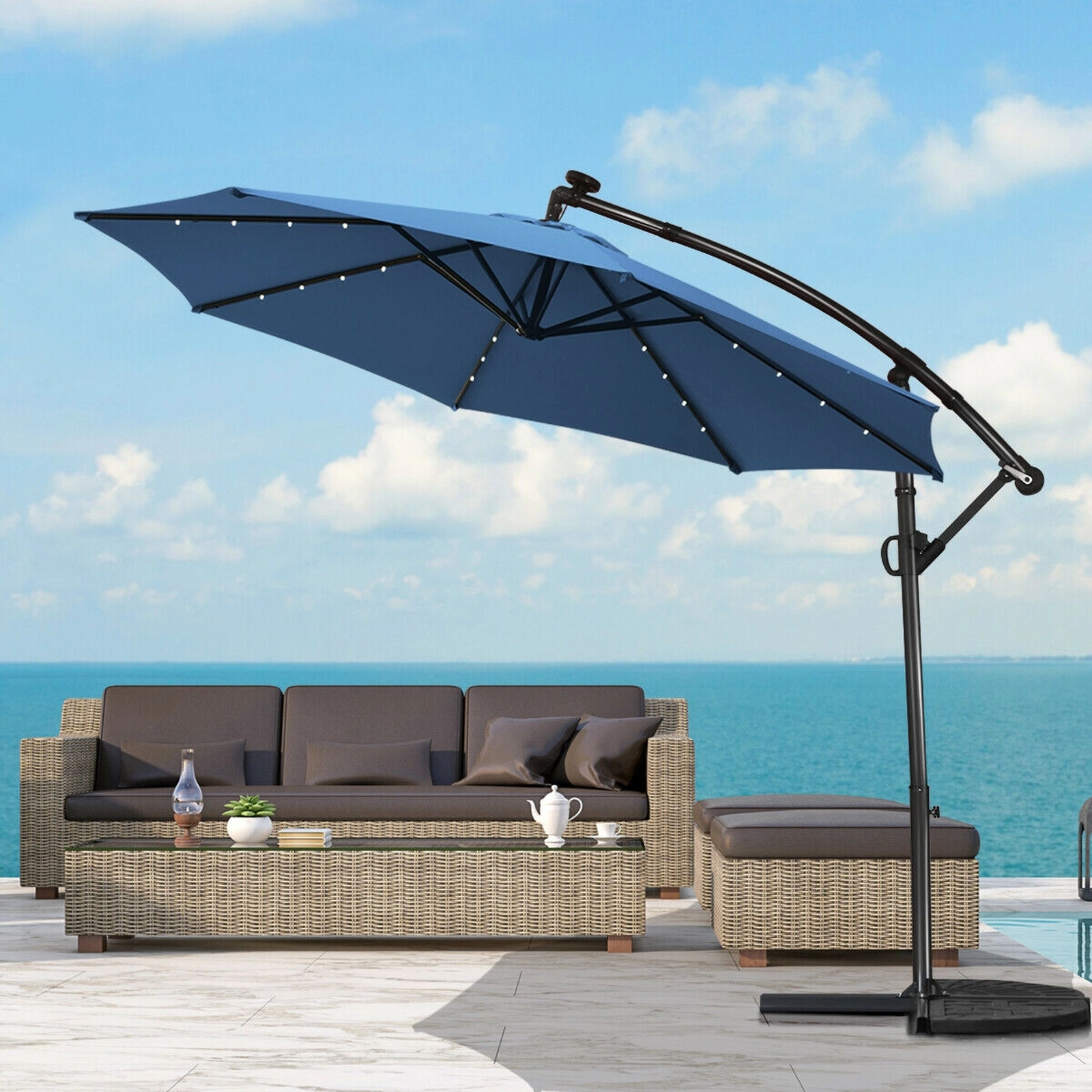SUGIFT 10-ft Blue Solar LED Offset Patio Umbrella with 360-Degree Rotation 8 Ribs and 32 Lights 7.5-ft H