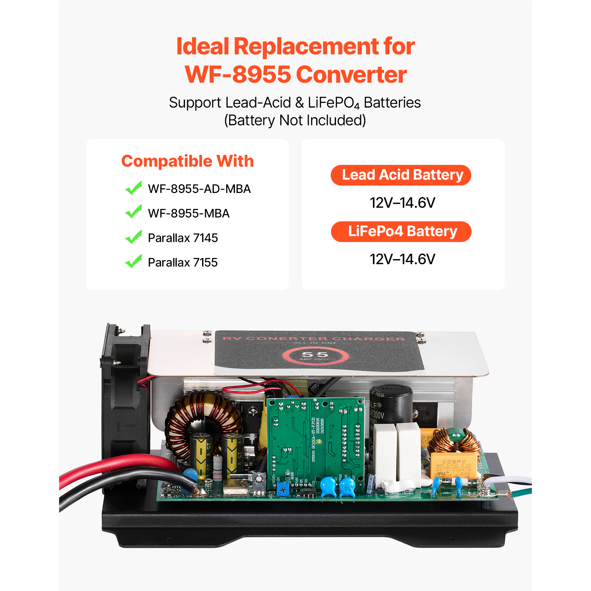 HONGGE WF-8955 Main Board Assembly 55 Amp RV Power Converter Replacement Unit for Lithium Lead Acid Battery