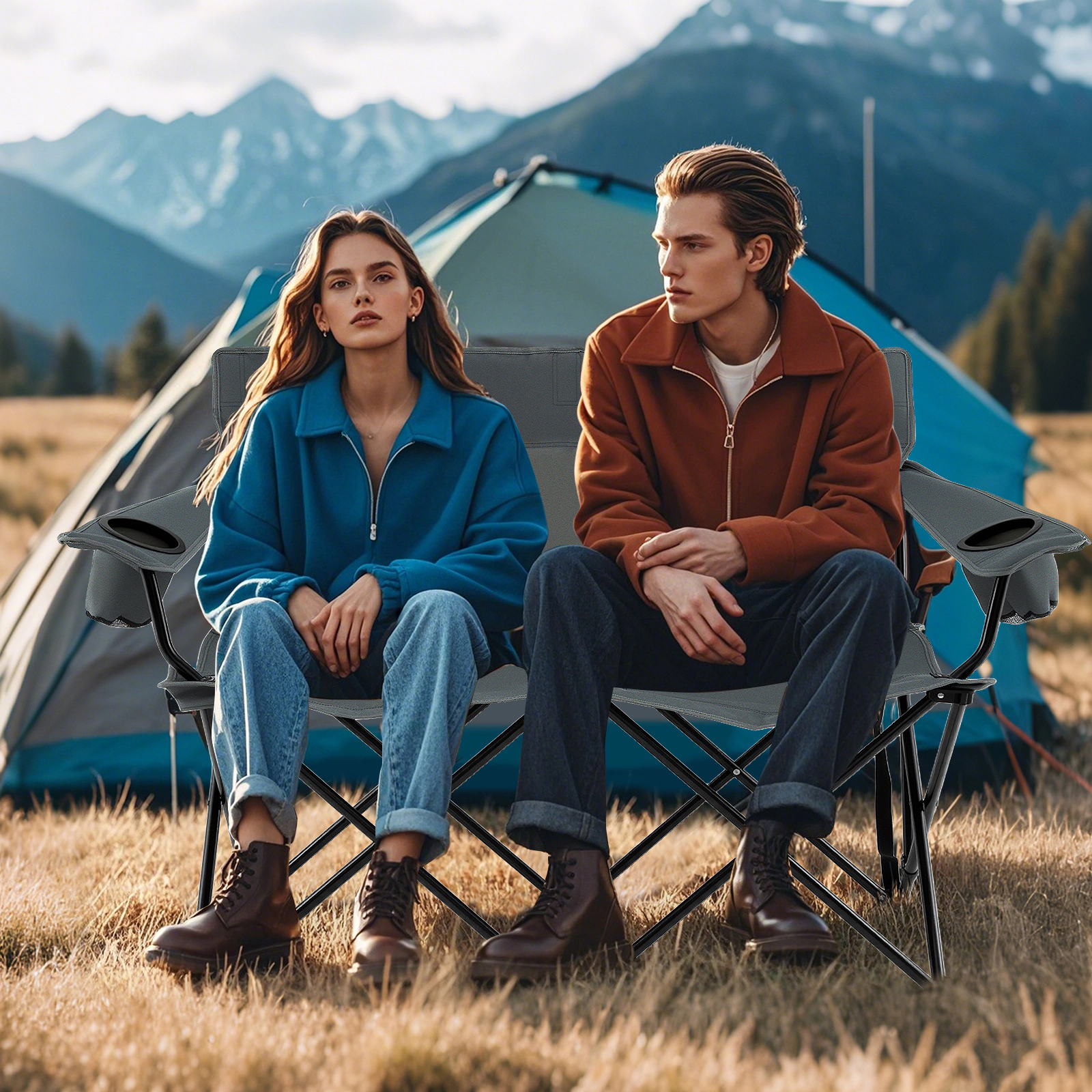 SUGIFT Gray 2-Person Folding Camping Loveseat with 2 Cup Holders and Carry Bag 52-in W 26-in D 660-lb Seat Capacity