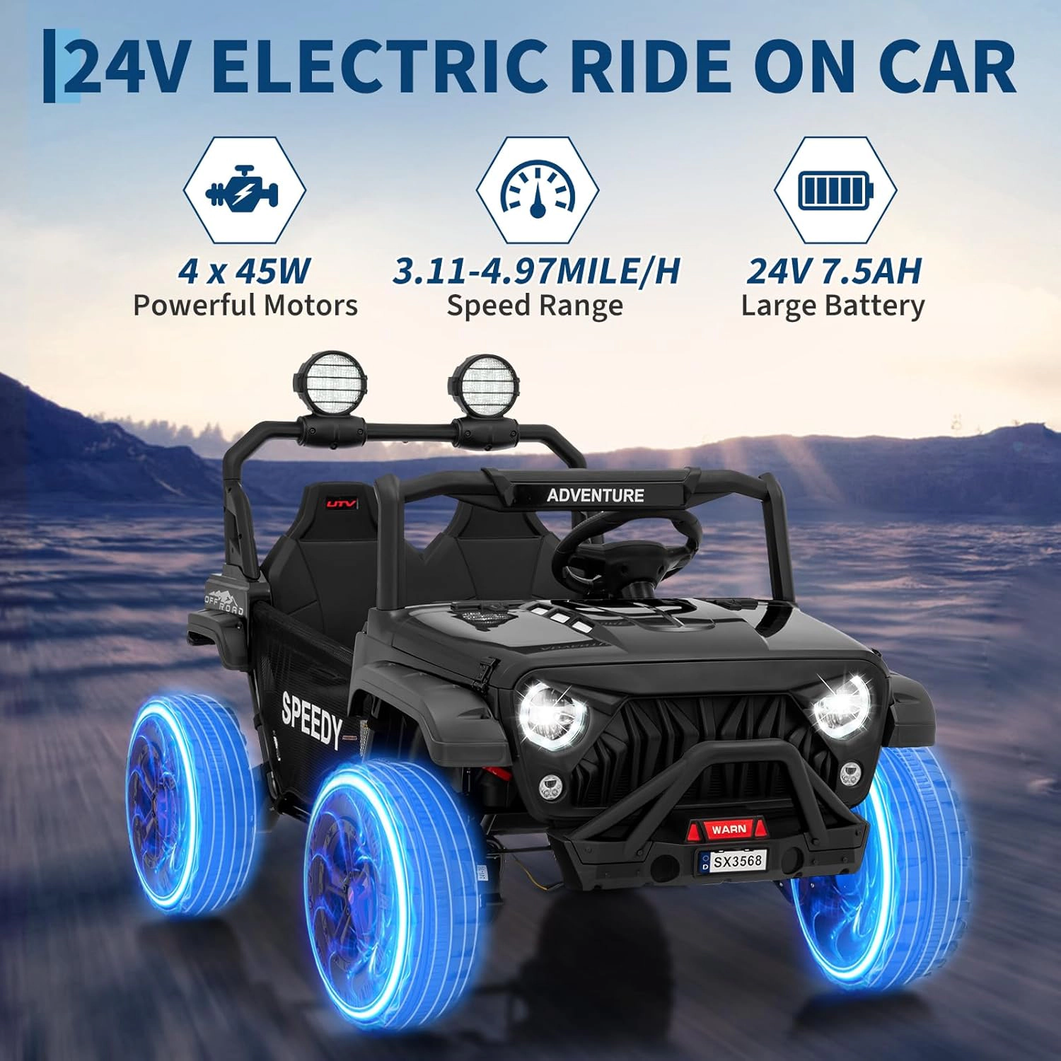 24V 2-Seater Kids Ride On Truck, 4WD Electric Vehicle w Remote,3 Speeds,Suspension,Dual Storage,LED Lights&Music