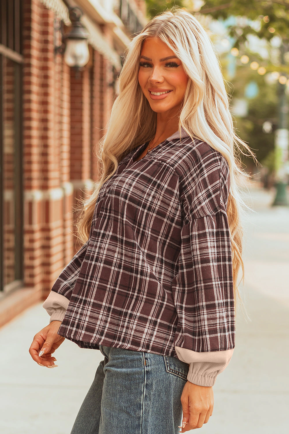 Threaded Pear Women's Lauren Plaid Patchwork Long Sleeve Hooded Top